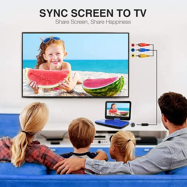 12" Portable DVD Player With 5-Hour Rechargeable Battery, 10" Swivel Display Screen, SD / USB Port, With 1.8 Meter Car Charger, Power Adaptor And Car Headrest Mount, Region Free- Blue