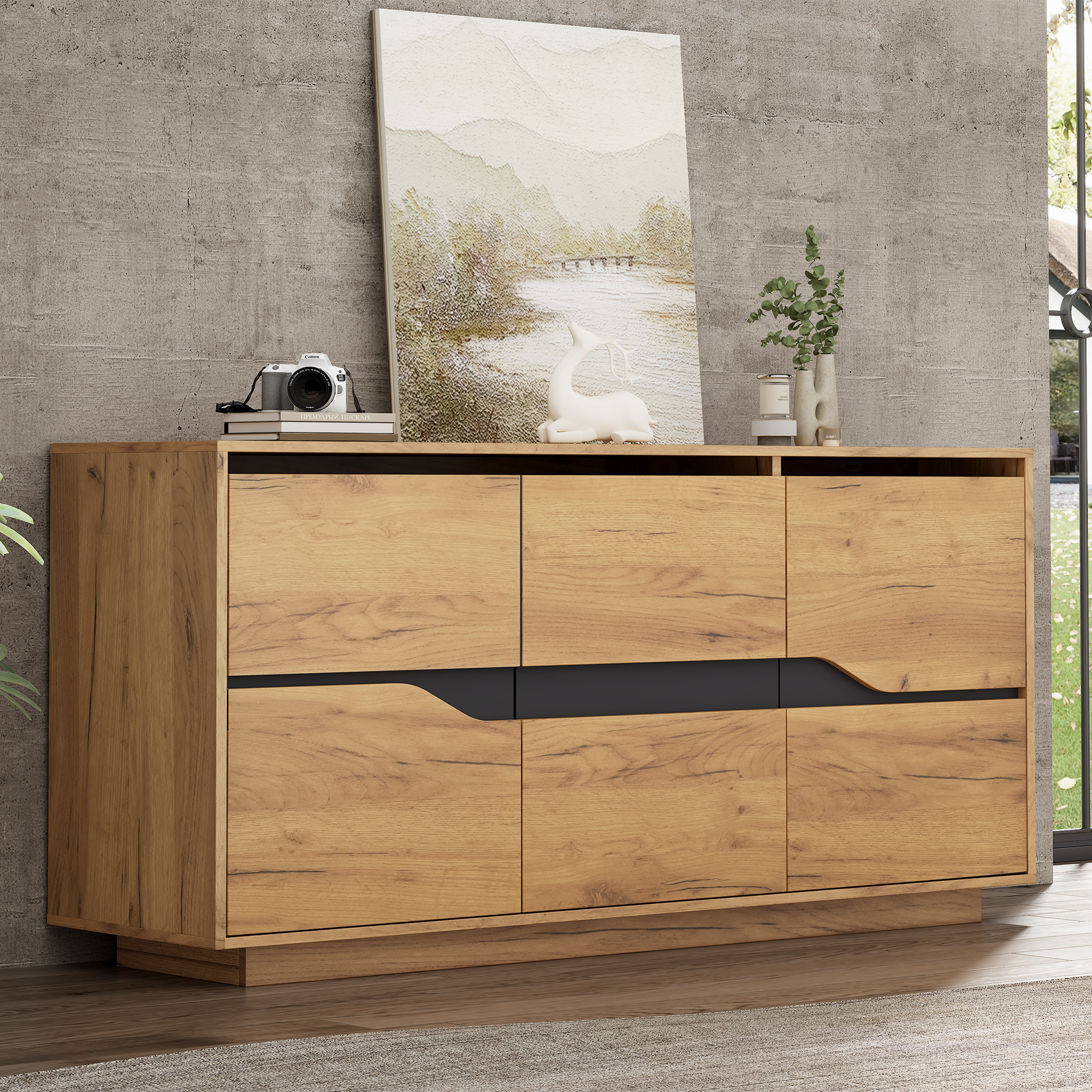 Modern Vintage Storage Cabinet, Sideboard Buffet With 3 Doors, Sofa Side Cabinet, Adjustable Partition, Unique Design, For Living Room, Bed Room, Kitchen, Hallway, 140x40x70CM, Wood