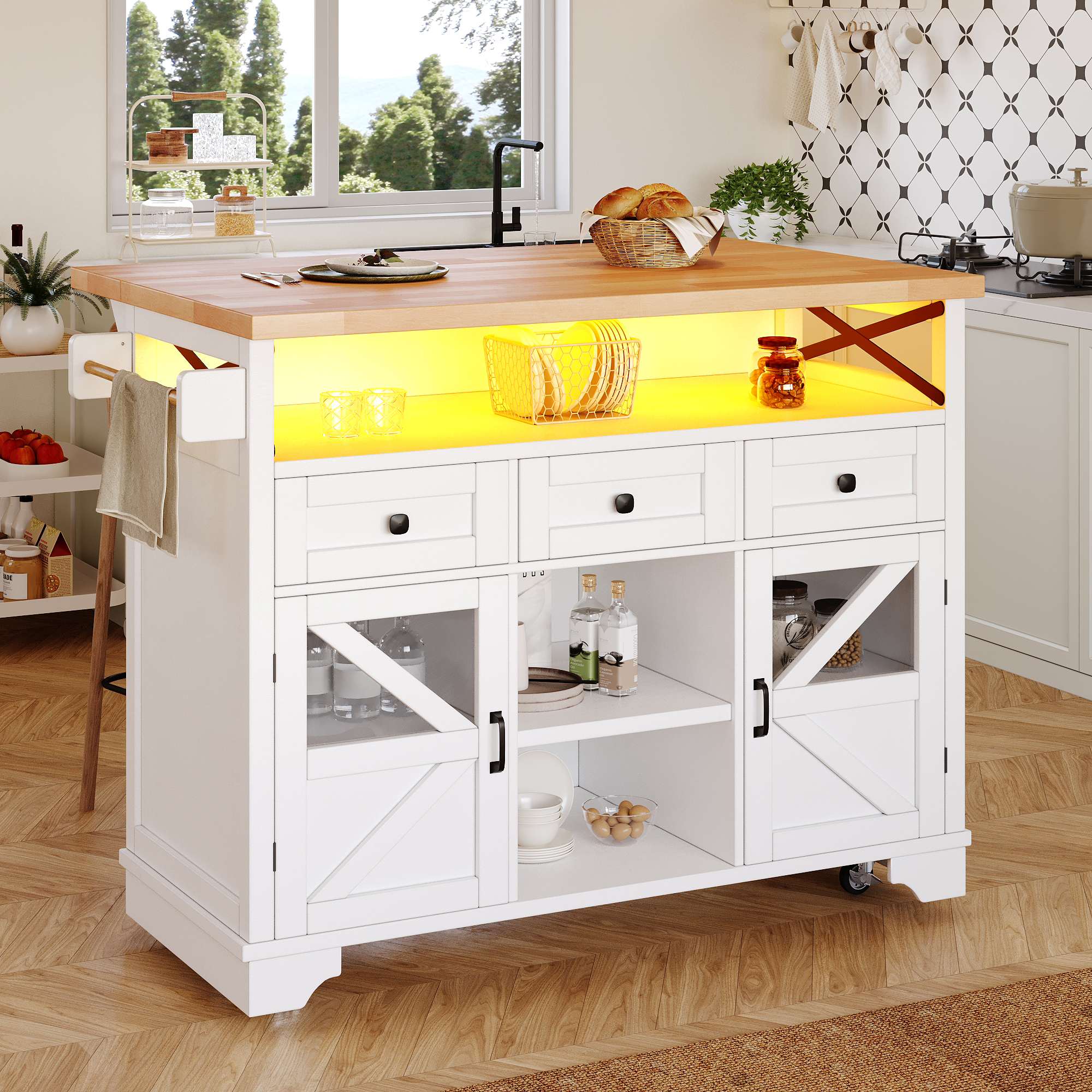 Multifunctional Mobile Kitchen Island Cart - With App-Controlled LED, Drop-Leaf Table, 3 Drawers & 2 Doors, Bar Sideboard With Storage