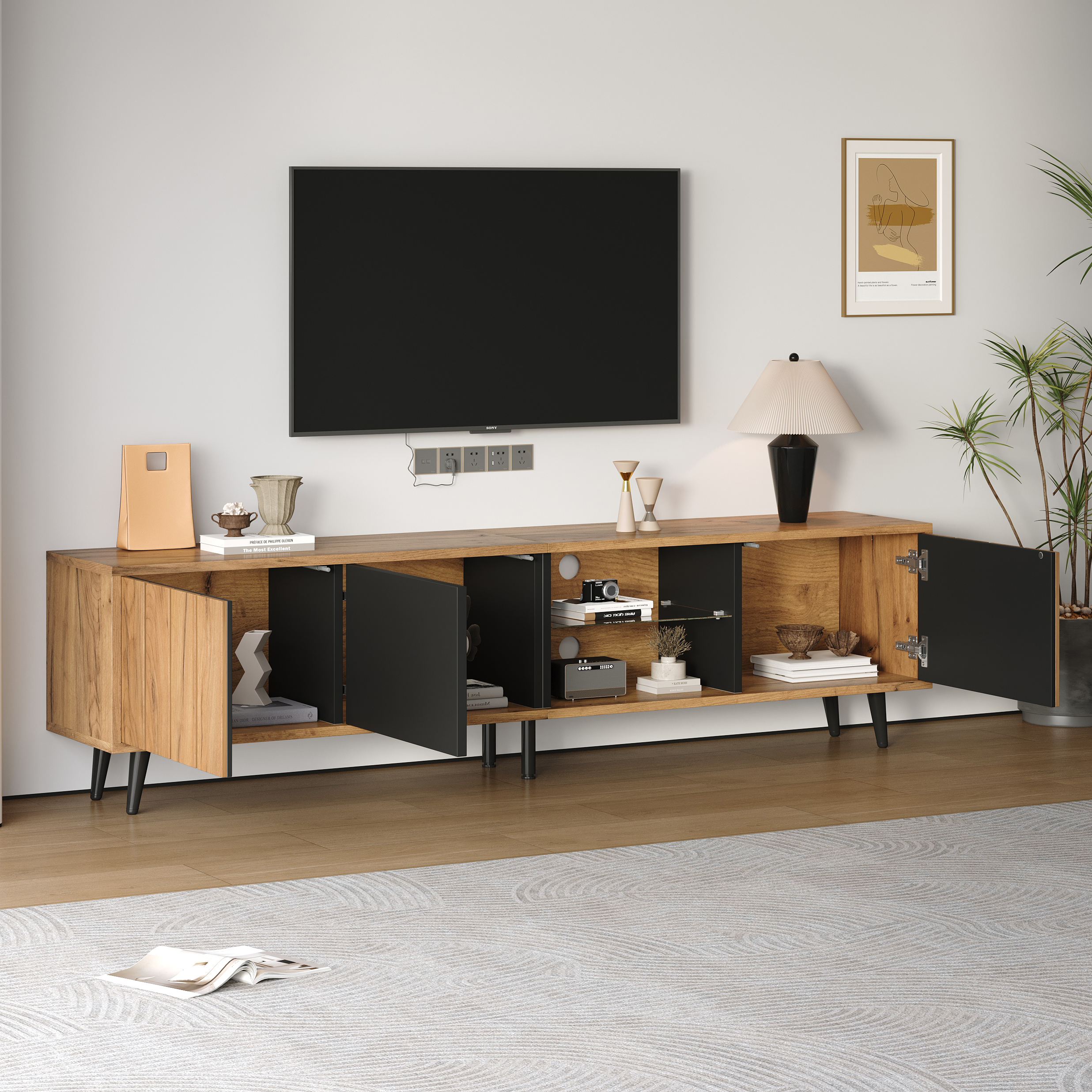 TV Stand Cabient With 3 Door, 2-tier Open Shelving, TV Cabinet Storage — image 2