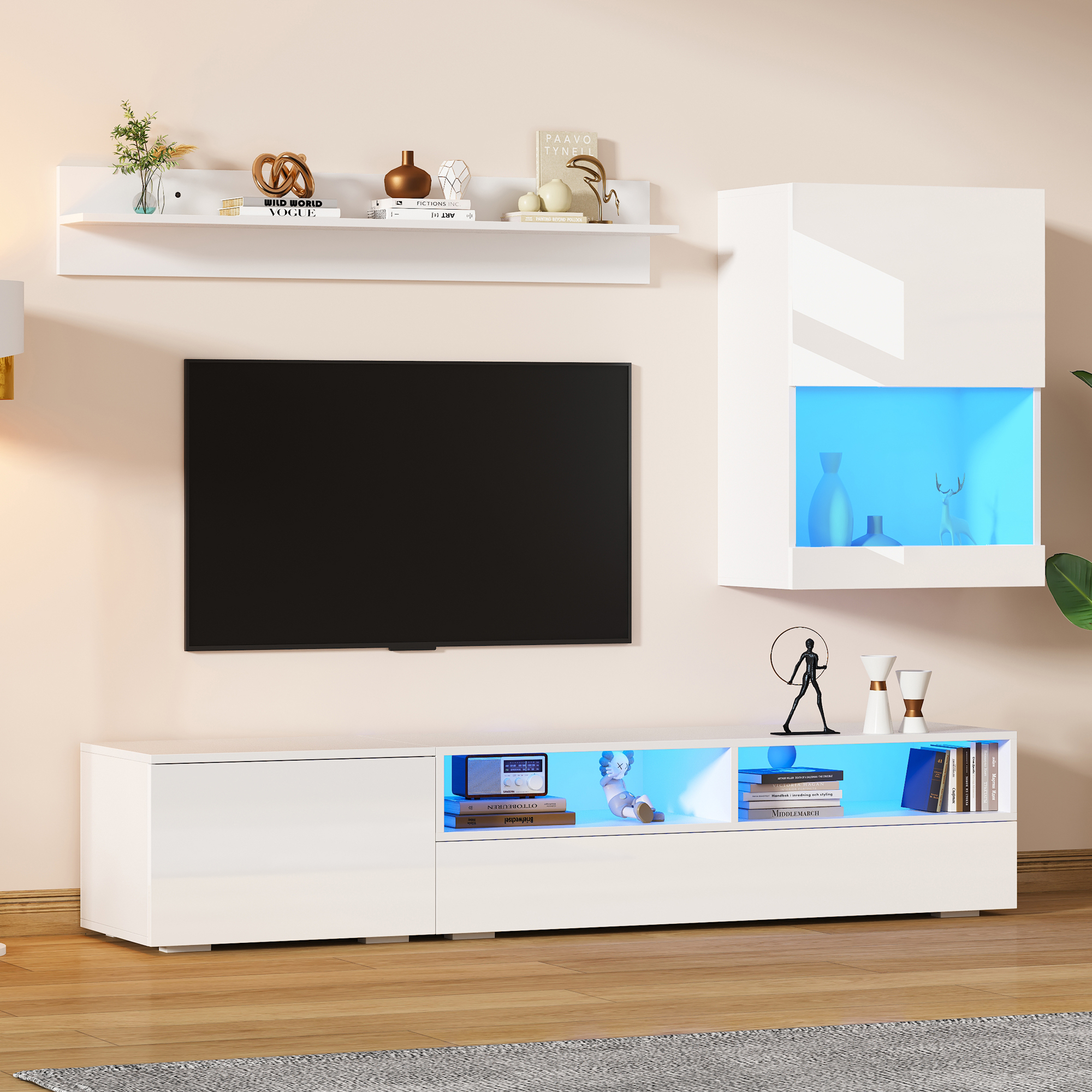 Set Of 3 TV Wall Unit,TV Stand Set, High Gloss TV Cabinet, Living Room Furniture Sets, Frontal Wall Unit, TV Entertainment Center,1 TV Cabinet, 1 Display Cabinet, 1 Hanging Shelf, White,for 80 Inch TV