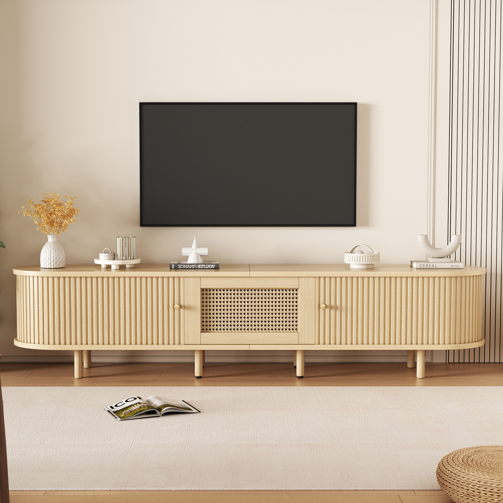 TV Stand With 1 Rattan Drawer And 2 Sliding Doors,Oval TV Cabinet Storage Sideboard With Rounded Corners For Livingroom, 180x40x40cm,light Wood Color,MDF, Weight Capacity 30kg, Suitable For 70inch TV