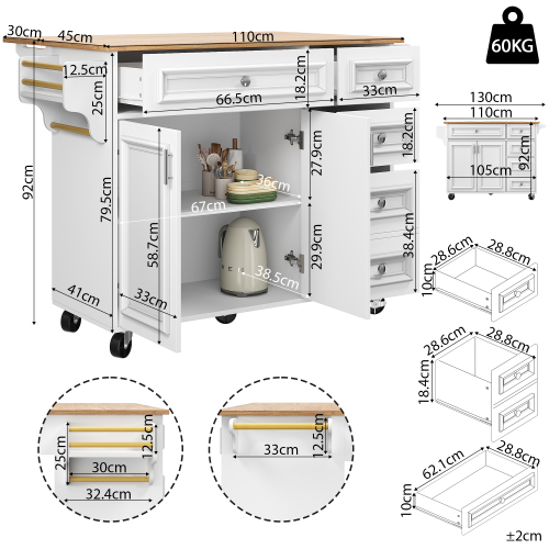 Kitchen Island 110x45-75x92cm, Removable Serving Trolley Buffet Cabinet, Dining Trolley With Vintage Pattern, Buffet Cabinet, Multifunctional Dining Table With Storage Space, White