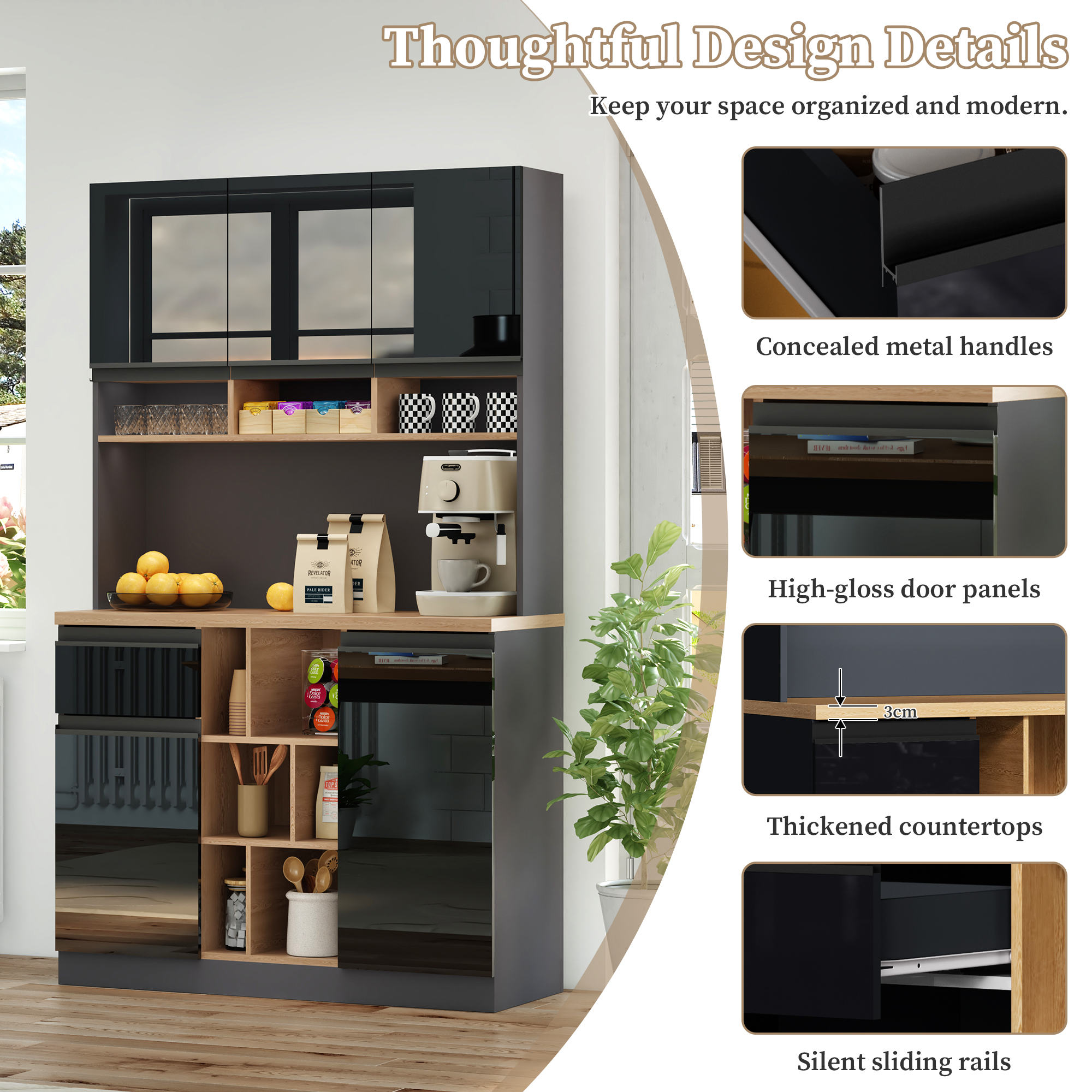 105x45x185 Cm,  Kitchen Cabinet, Buffet Sideboard, High-gloss Doors,  Adjustable Shelves, Drawers, Open Storage, Tip-over Protection, Suitable For Kitchen, Dining Room, And Living Room