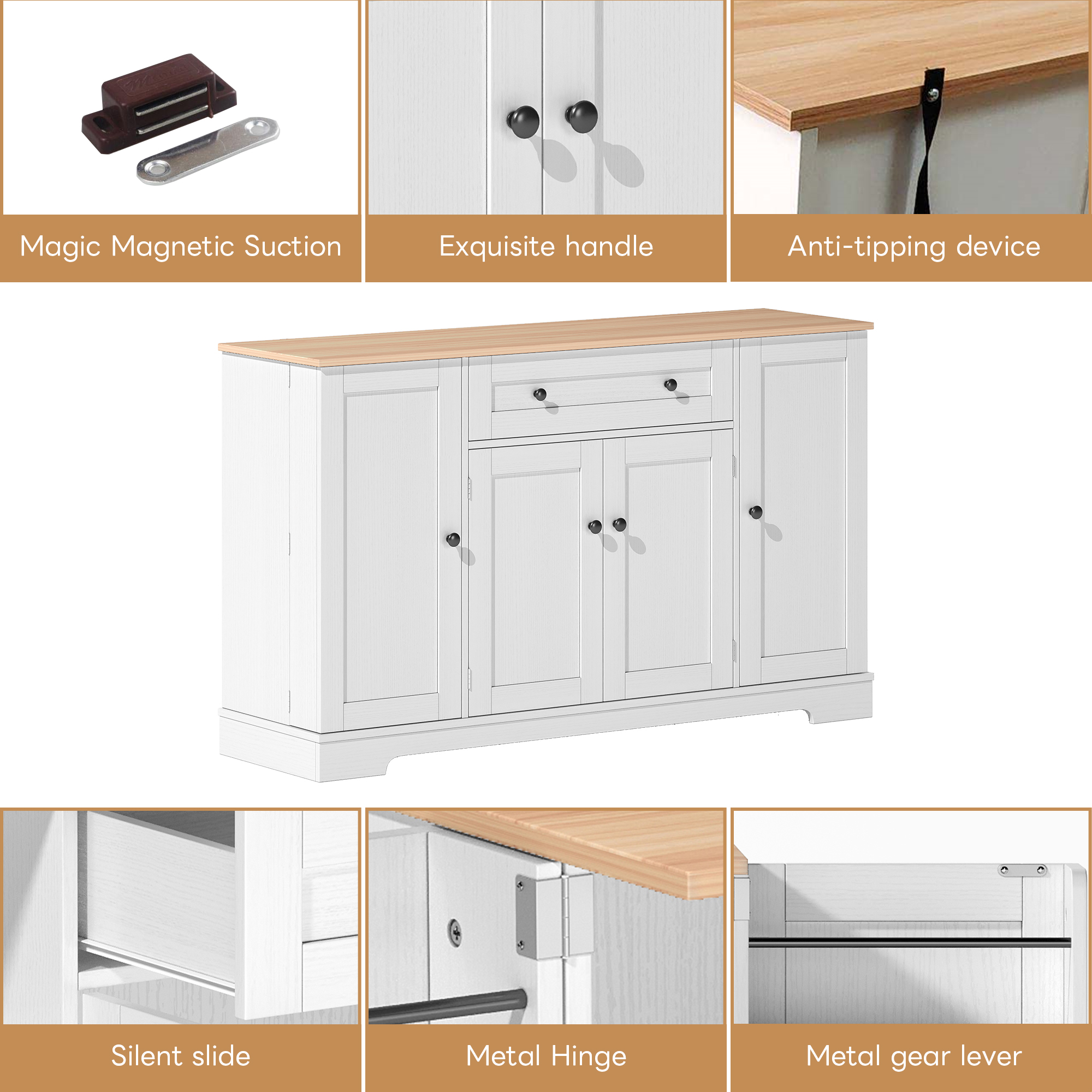 Multifunctional Kitchen Sideboard  138 Cm Cabinet With Drawer, Shelf Doors & Adjustable Shelves - Modern Design With Tip-over Protection, Ideal For Kitchen, Living Room & Bedroom