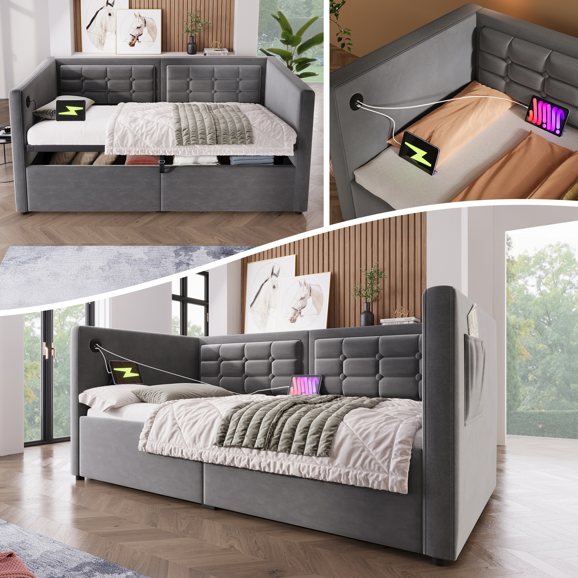 Cama Diván Tapizada 90x190cm con Estación de Carga USB y Almacenamiento Hidráulico - imagen 1