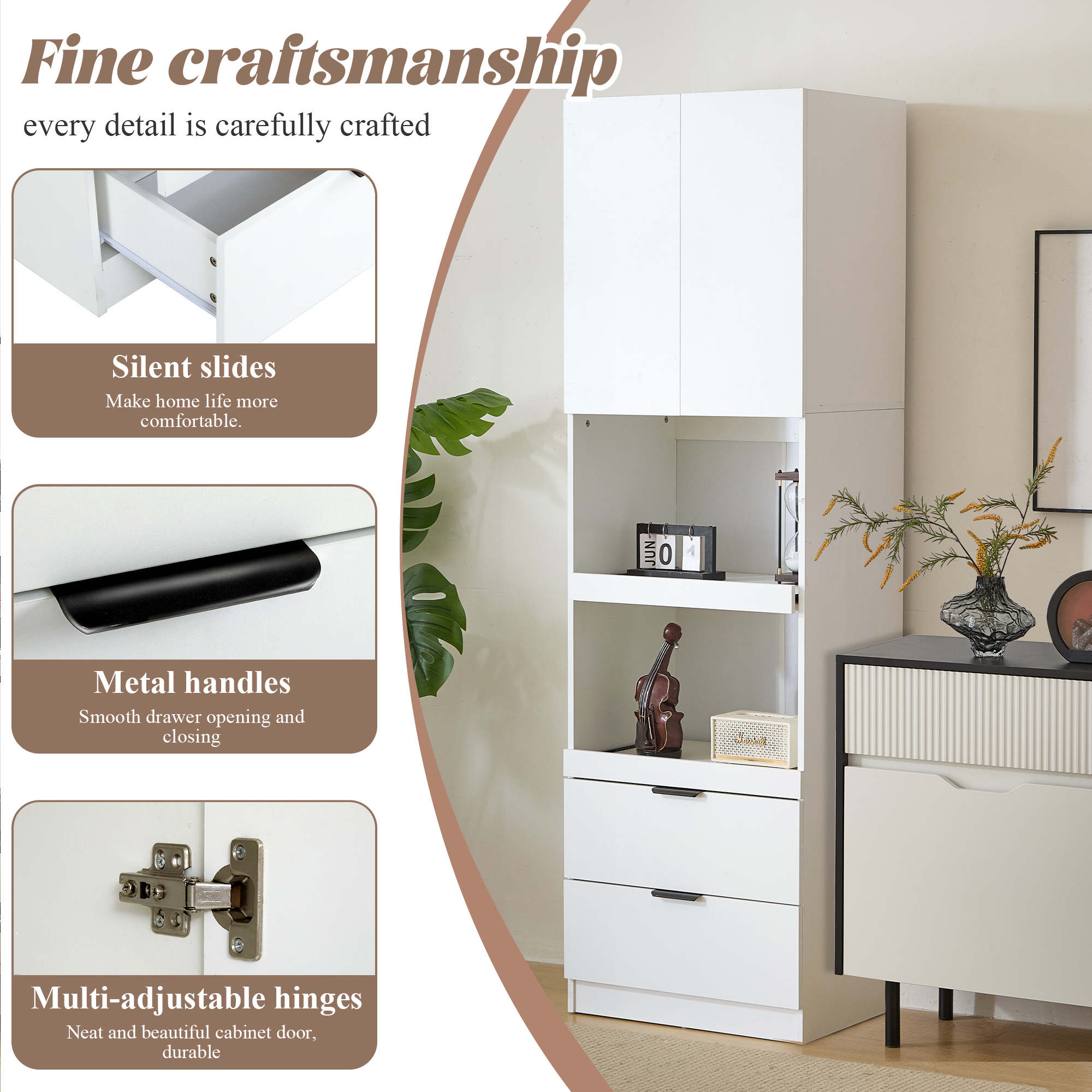 200cm Tall Kitchen Cupboards, Cabinets, Storage Pantry,  Drawers, Microwave Shelves, With Tip-over Protection, Freestanding Multifunctional Sideboards For Dining Room, Living Room, White