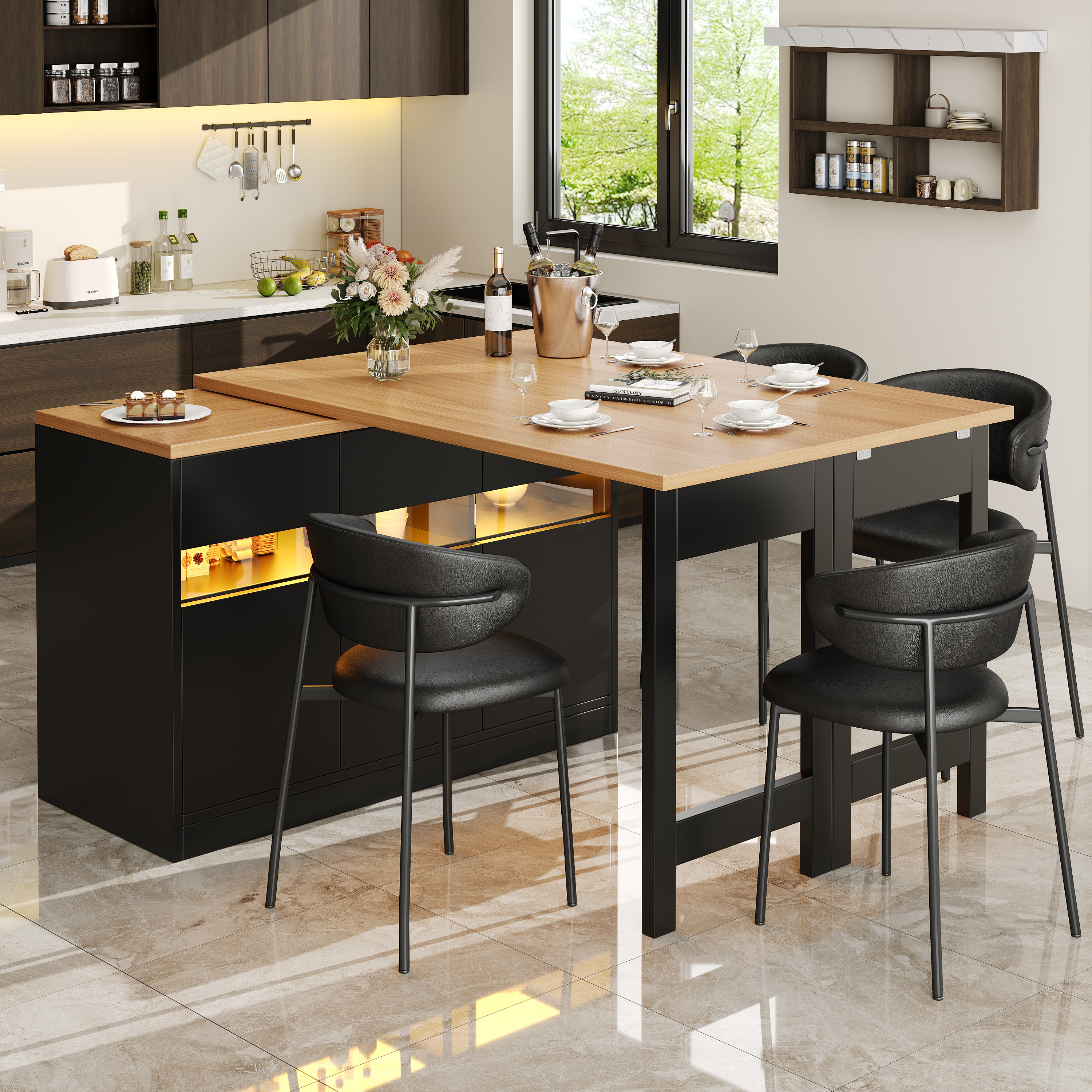 Extendable Bar Table With LED Lighting And 360 Swivel Function, Adjustable Length 120-180 Cm, Modern Kitchen Island Table With Storage Space, For Living Room, Dining Room, Home Office