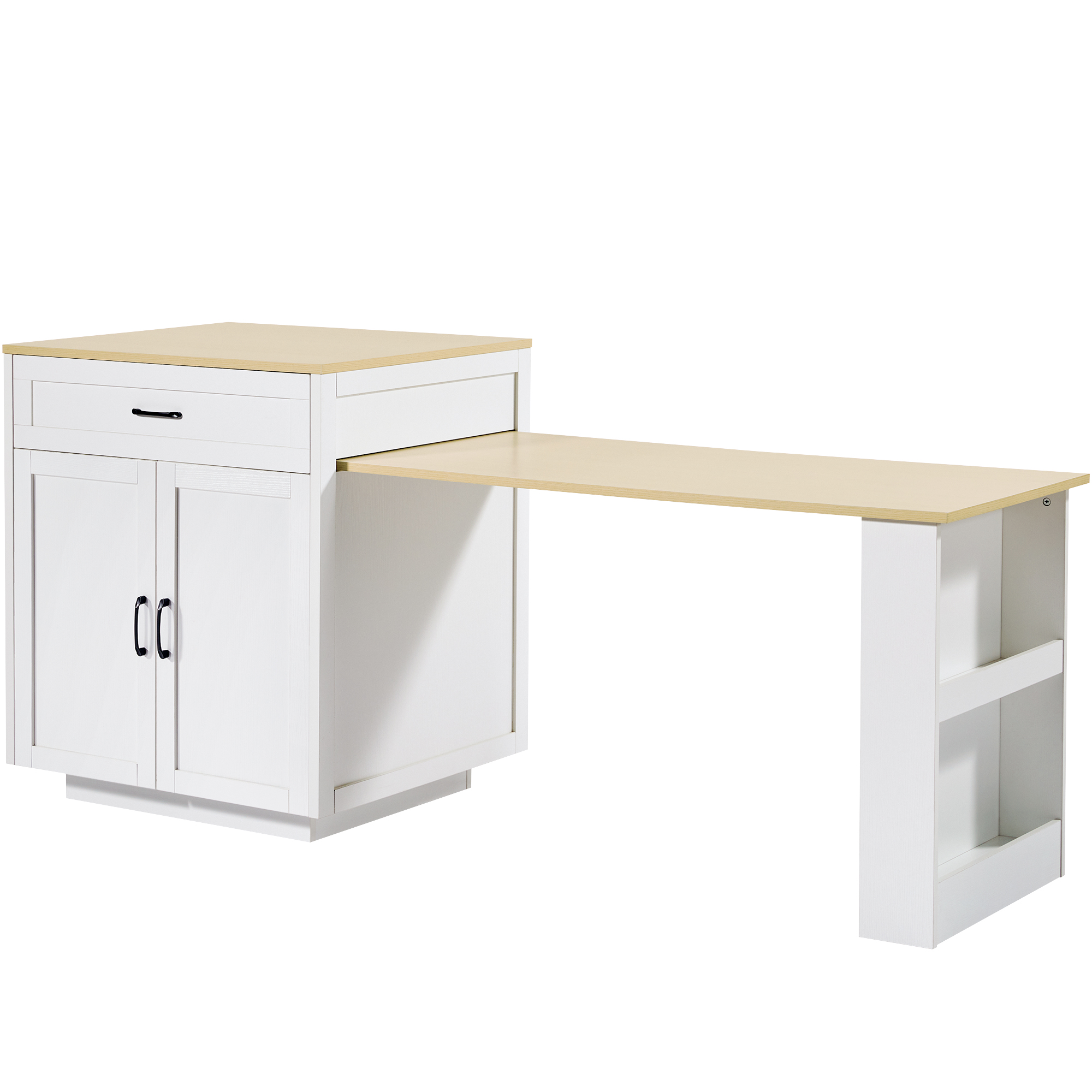 Extendable Bar Table With Storage 133-202 X 70 X 93.5 Cm, With 2 Drawers And 2 Compartments, Expandable Kitchen Island Table For 2-6 People, Kitchen Dining Cart With Side Shelves, White.