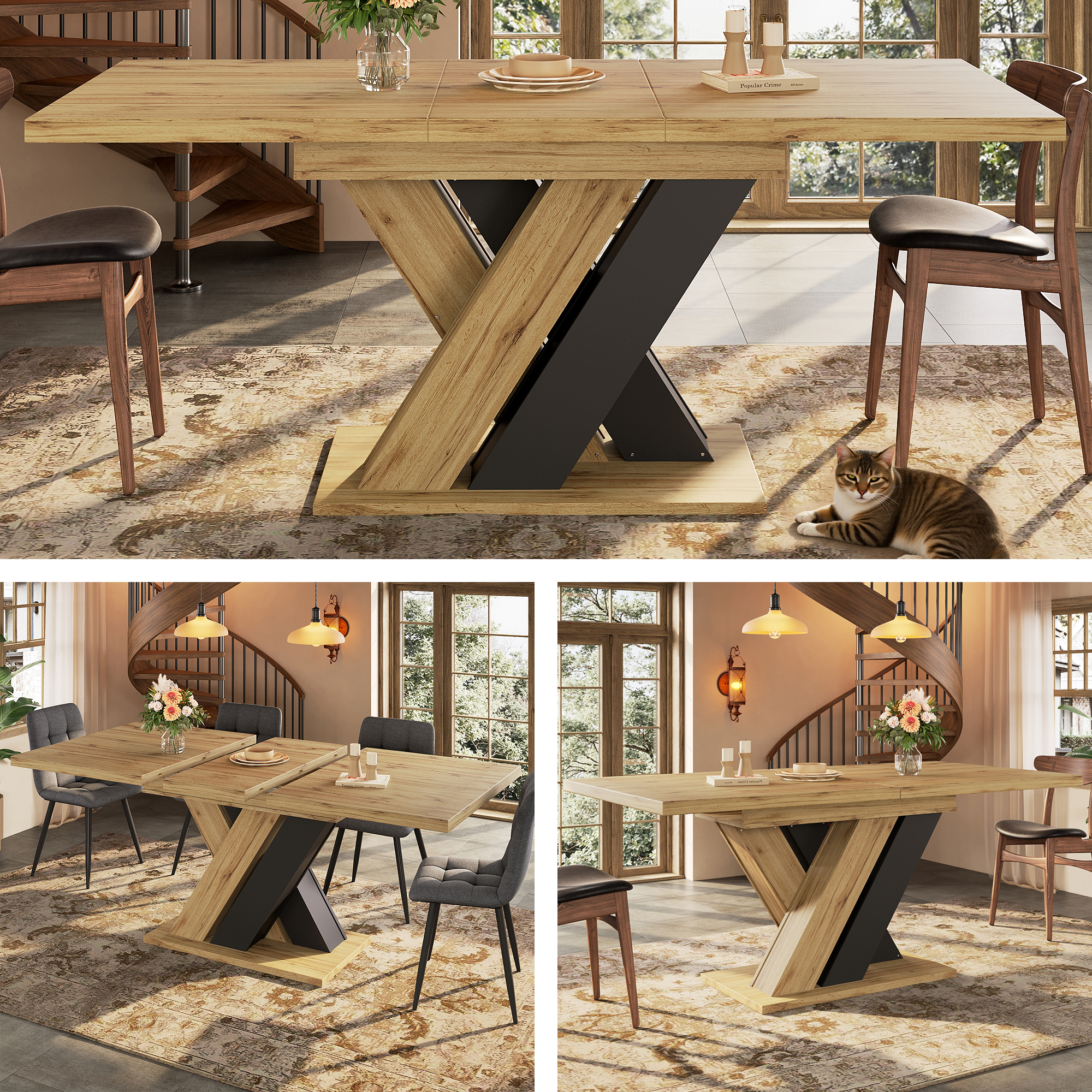 Dining Table Telescopic Table , Kitchen Table, Extendable To 119-158.5cm With The Aid Of Internal Insert Panels, For Kitchen And Living Room, Wood-colored Dining Table With X-shaped Legs