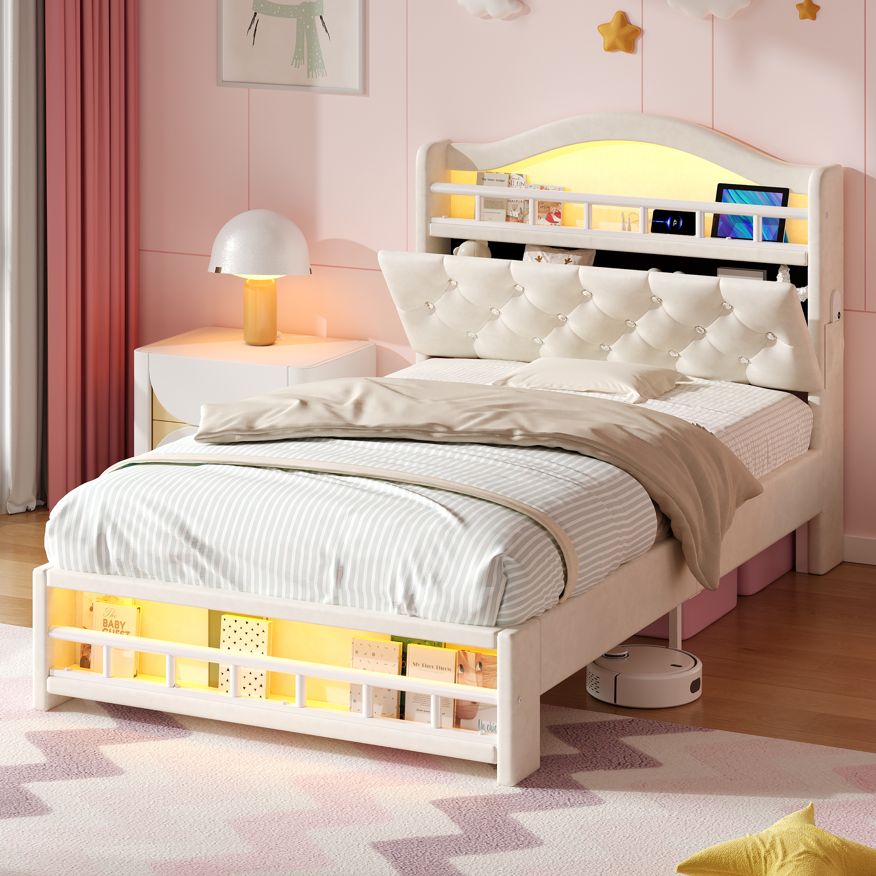 3ft Single Upholstered Velvet Bed Frame, LED Bed Frame With Charging Station & Diamond Tufted Headboard, Concealed Headboard Storage With USB And Type - C Ports, Easy Assembly, Beige No Mattress
