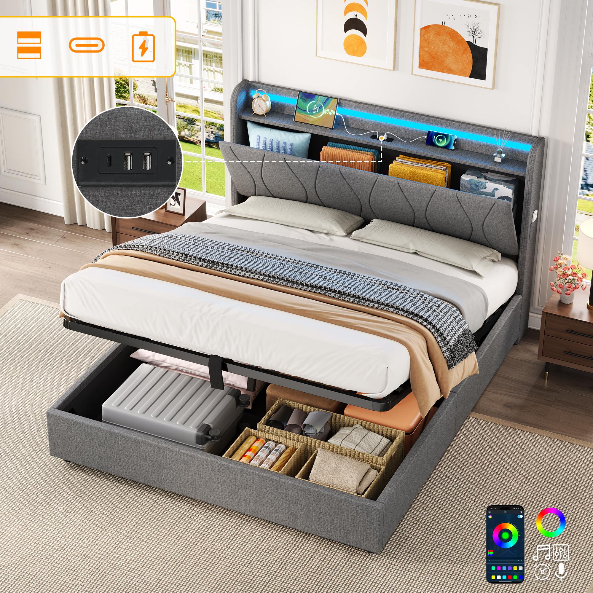 Cama Doble 4ft6 Tapizada Gris con Almacenaje Hidráulico y Cabecera LED - imagen 1