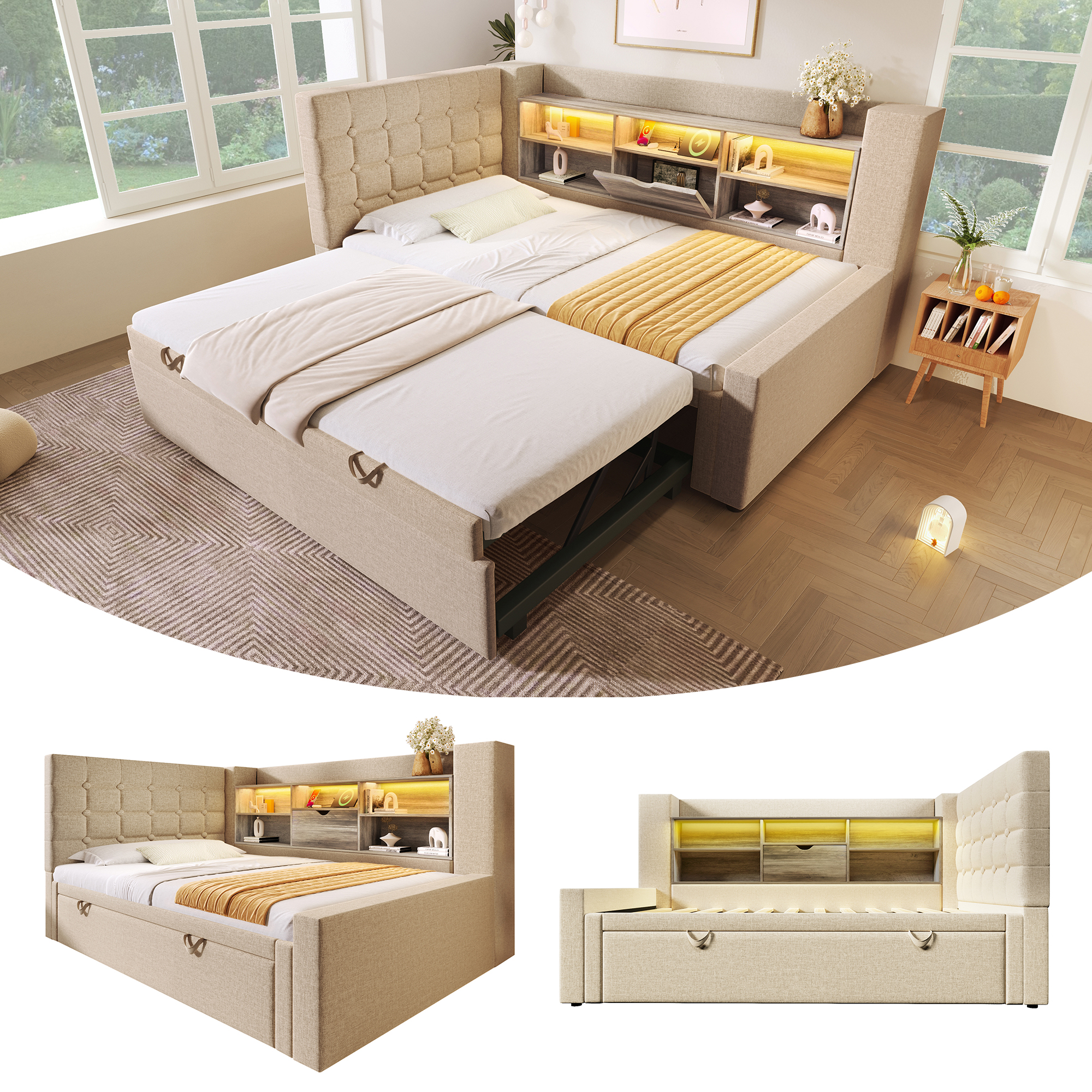 Cama Diván Tapizada 90x190cm con Sofá Cama, Almacenaje y Cargador USB - imagen 1
