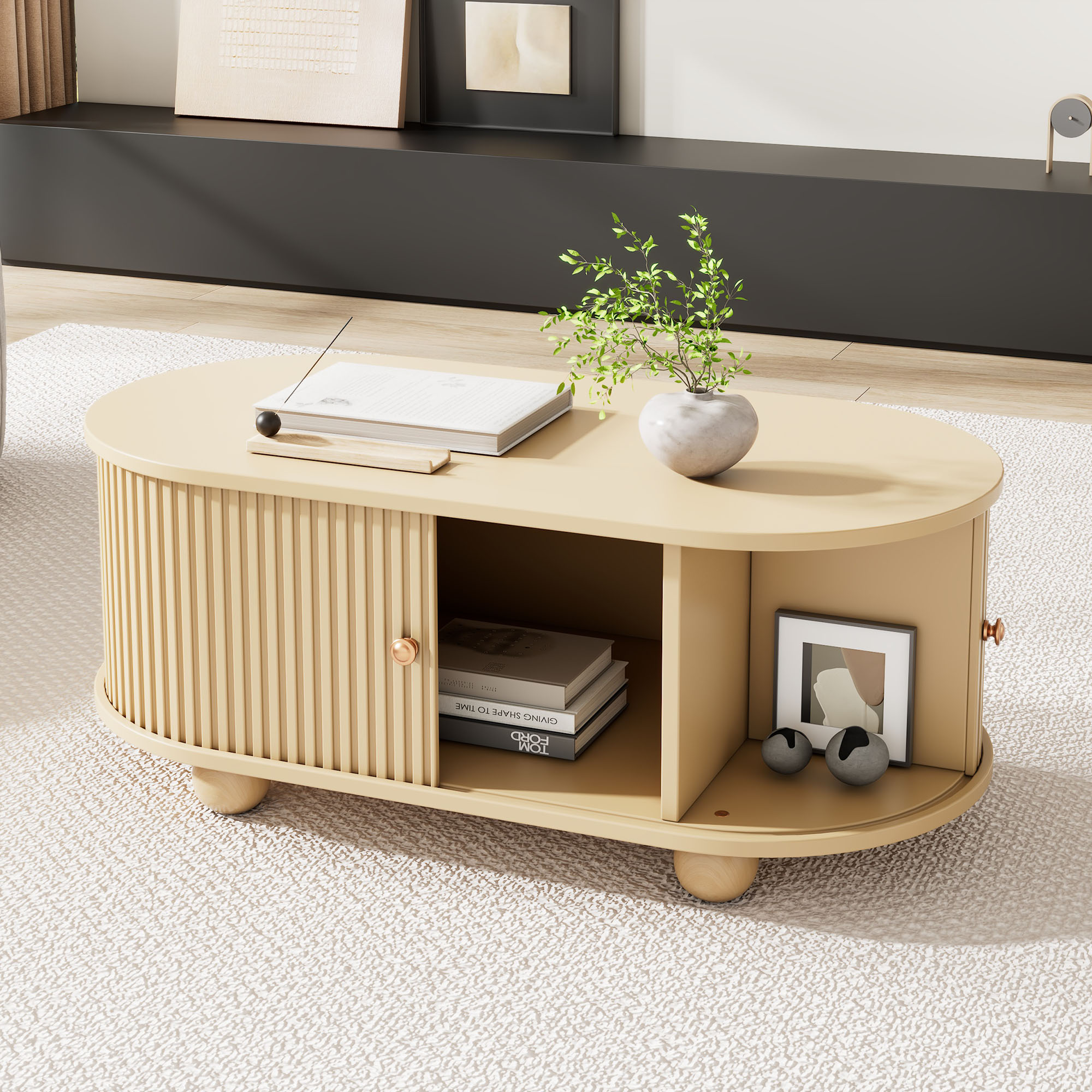 Oval Coffee Table With 2 Sliding Doors, Rounded Corners,Hidden Compartment Center Table, Sofa Table With Storage Space, Side Table With Central Open Storage Area, 100x50x40cm,Wood Color,MDF