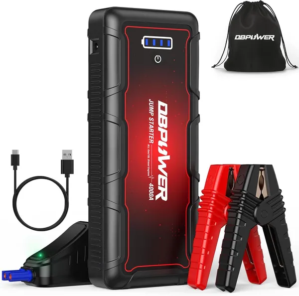 DBPOWER Jump Starter 4000A Peak 88.8Wh Portable Car Jump Starter (Up To ALL Gas/10L Diesel Engine) 12V Auto Battery Booster Pack With Smart Clamp Cables, Quick Charger, LED Light Jump Box