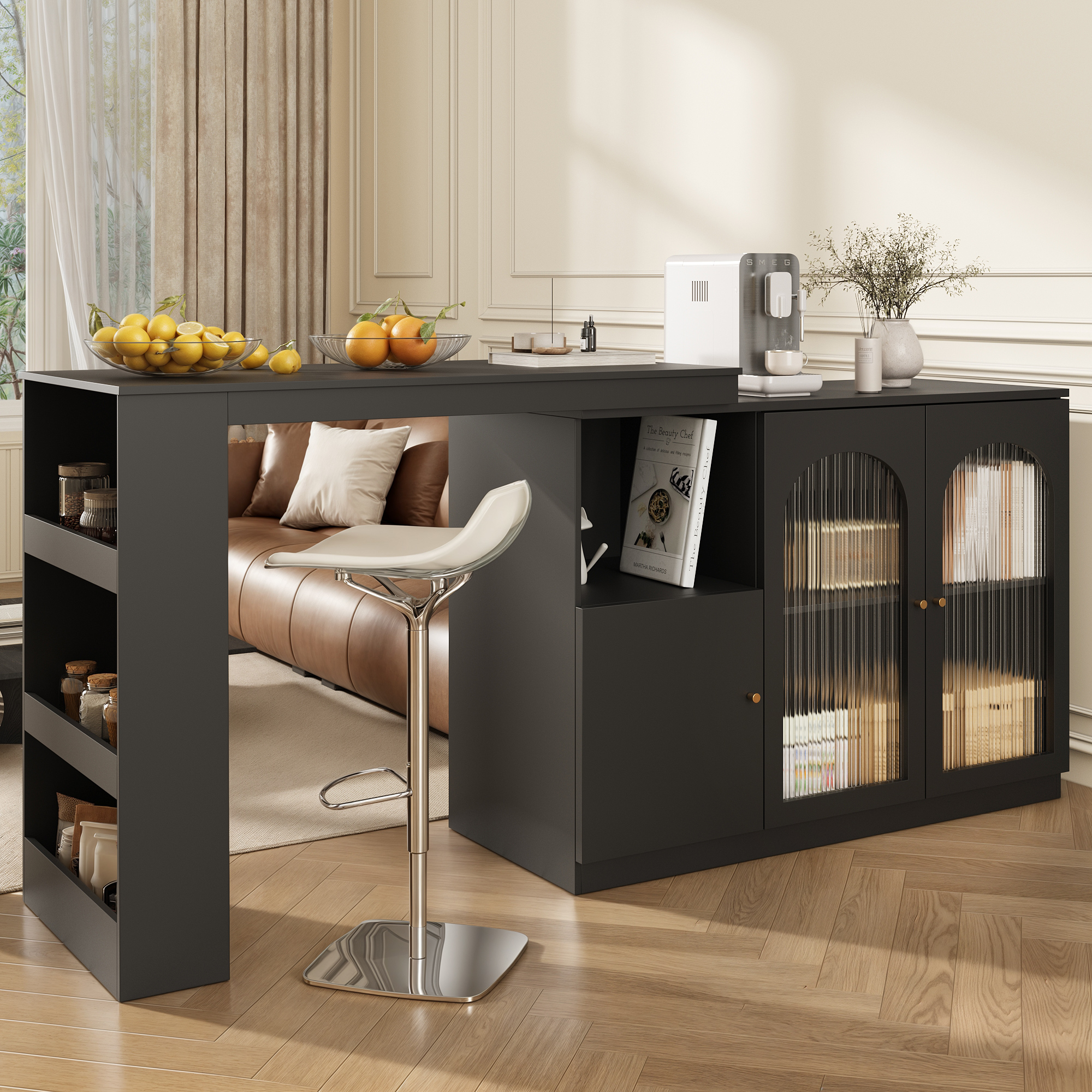 360 Rotating Bar Table  Main Body 120 X 40 X 97 Cm, Modern And Simple Black Rotating Dining And Bar Cabinet, Multifunctional Storage Cabinet With Glass Door