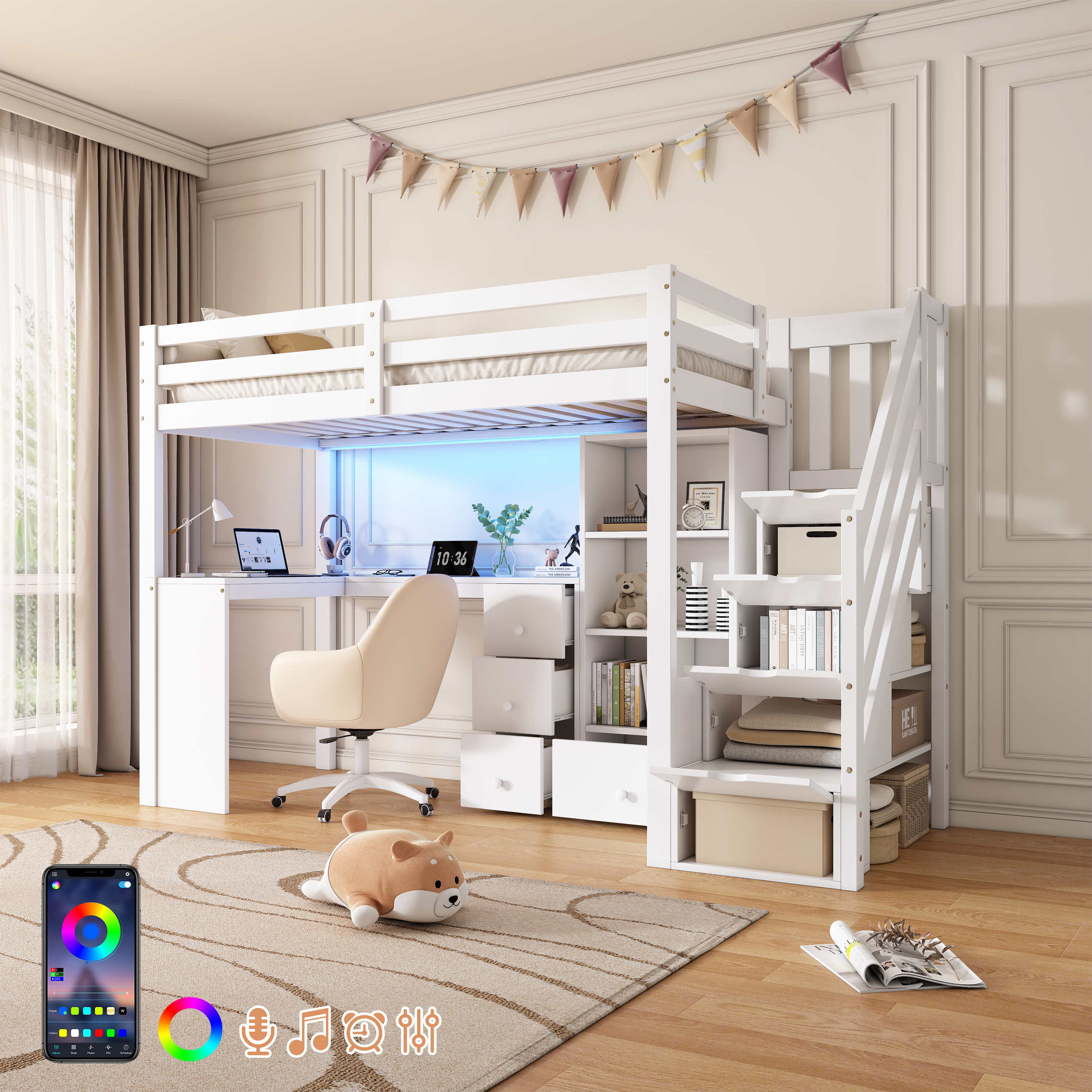 3ft Single Loft Bed With L-Shaped Desk & Storage Stairs, Wooden Frame Smart RGB — image 3