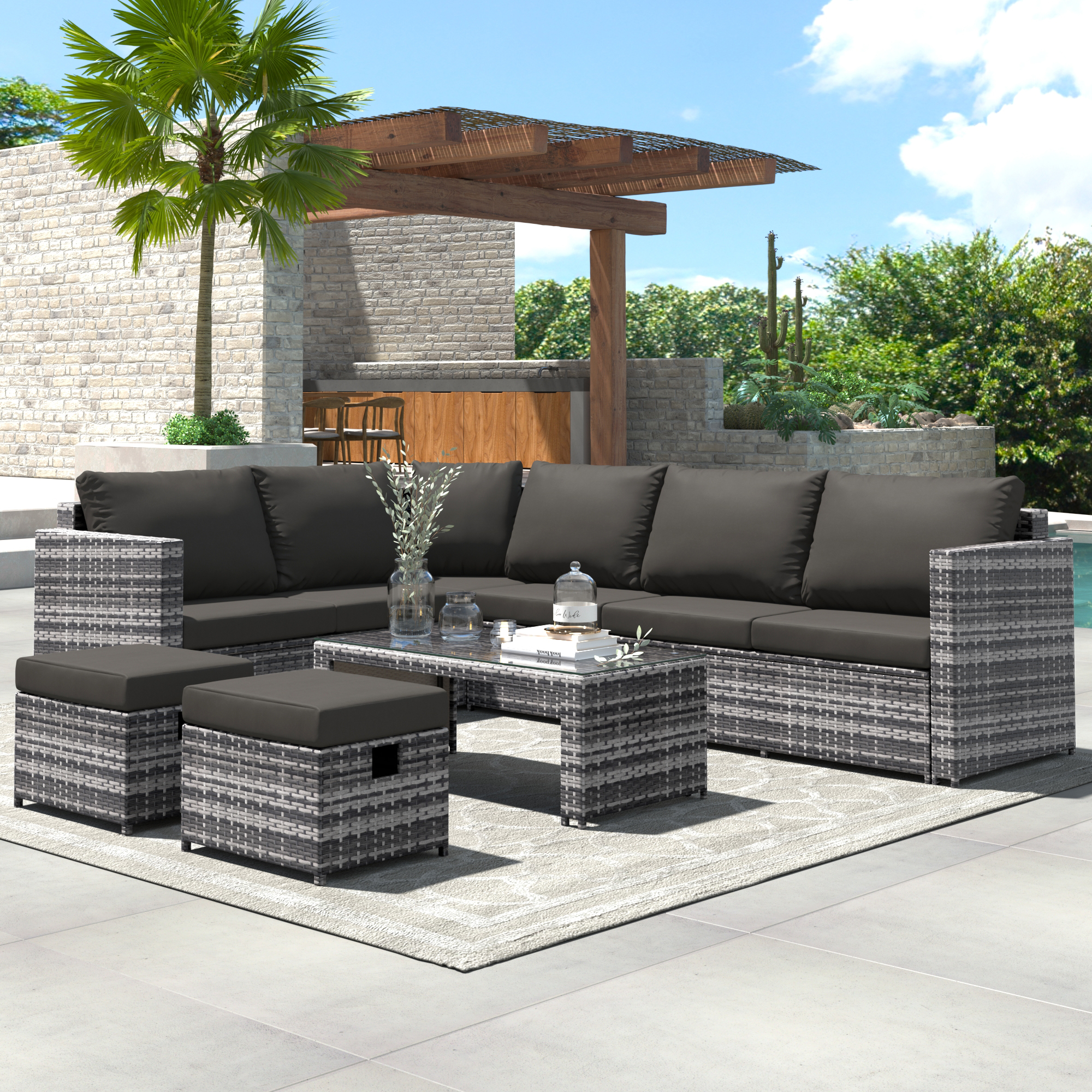 Outdoor Garden Corner Sofa Set With Coffee Table -2 Stools
