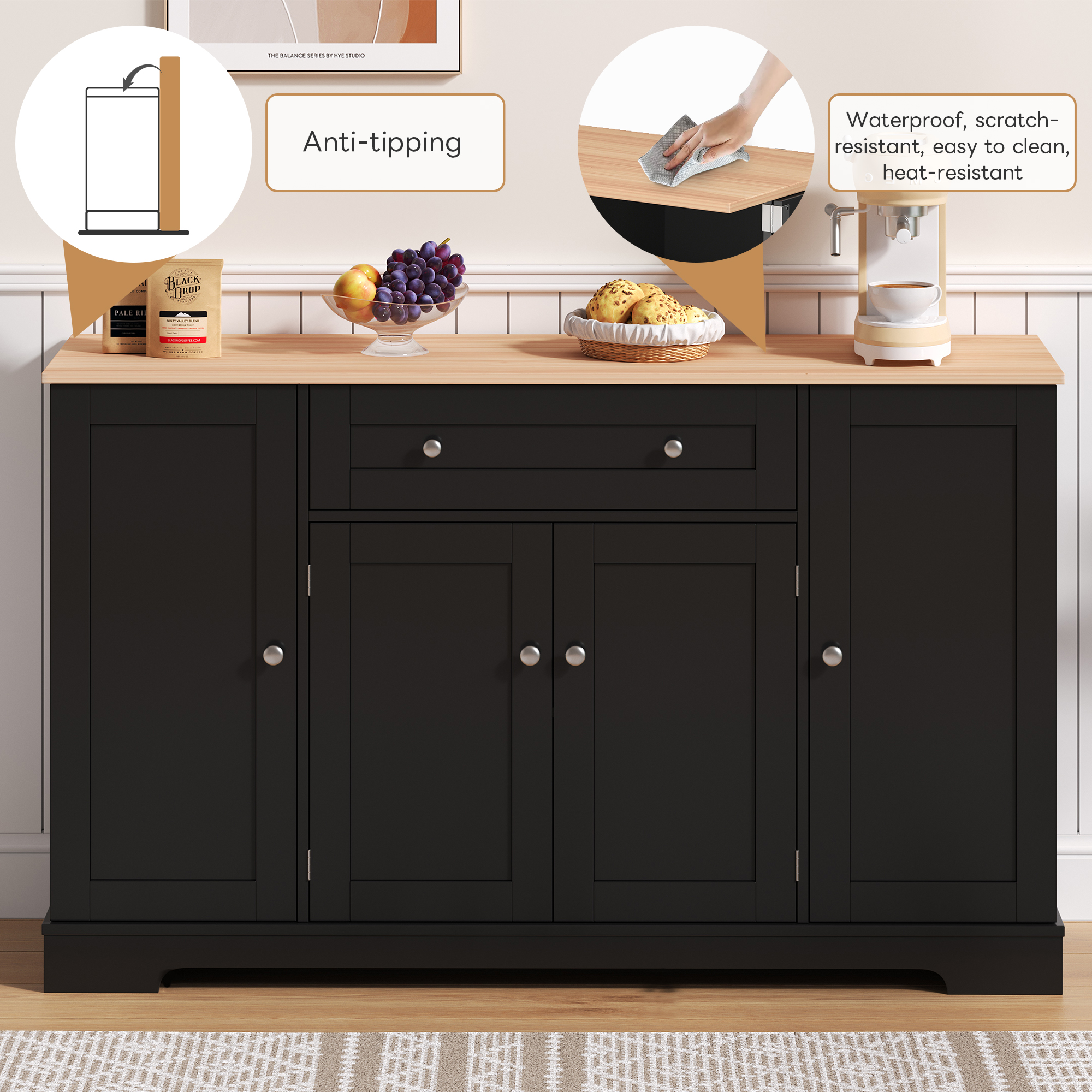Multifunctional Kitchen Sideboard -138 Cm Cabinet With Drawer, Shelf Doors & Adjustable Shelves -Modern Design With Tip-over Protection, Ideal For Kitchen, Living Room & Bedroom