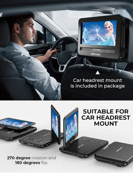 12" Portable DVD Player With 5-Hour Rechargeable Battery;  10" Swivel Display Screen And SD/ USB Port;  With 1.8m Car Charger;  Power Adaptor And Car Headrest Mount;  Region Free (Black)