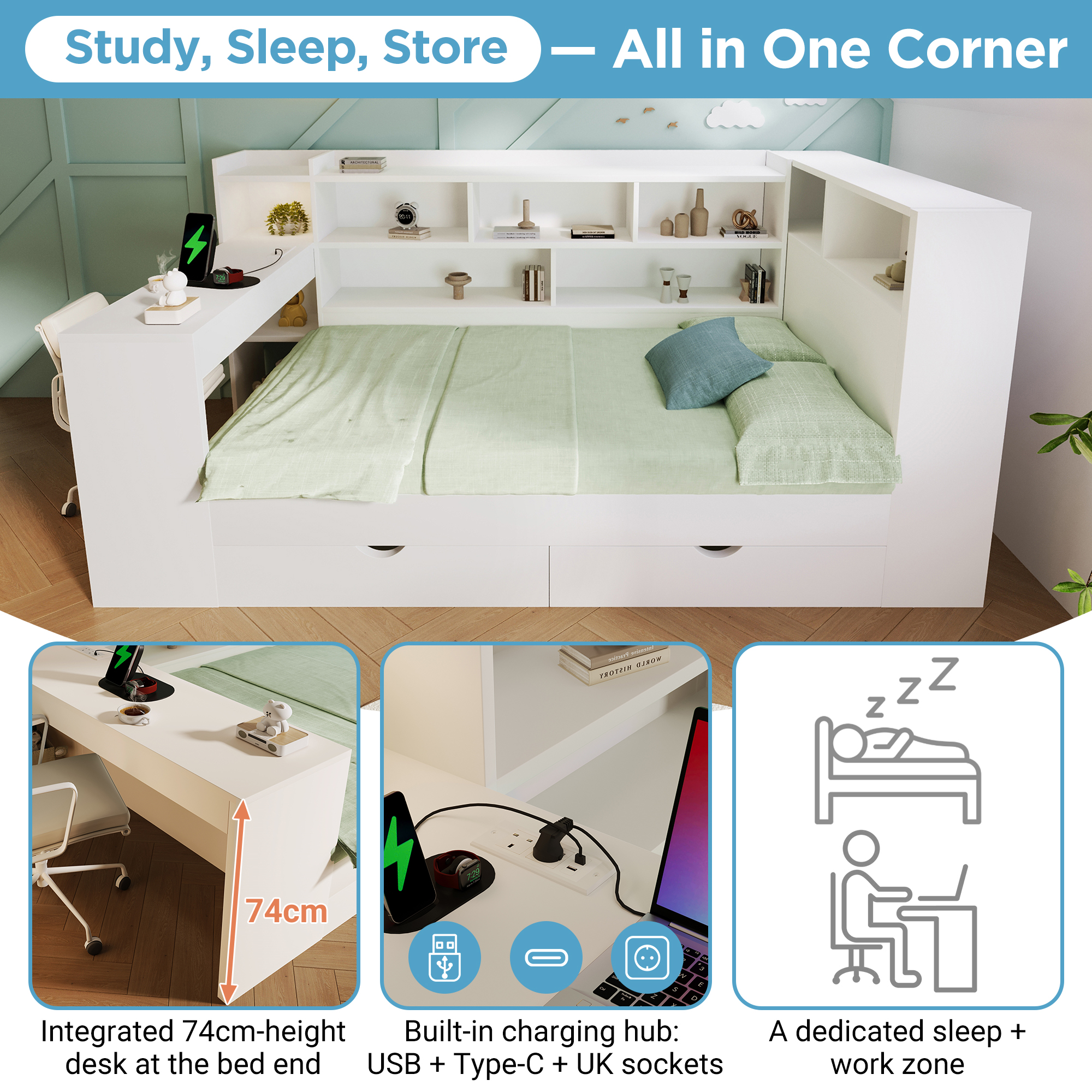 Single Daybed With Bookcase & Computer Desk, 3FT Sofa Bed With Storage, Drawers & USB Type-C Port, 90 X 190 Cm Multi-functional Wooden Bed Frame For Living Room Bedroom, White No Mattress