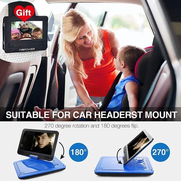 12" Portable DVD Player With 5-Hour Rechargeable Battery, 10" Swivel Display Screen, SD / USB Port, With 1.8 Meter Car Charger, Power Adaptor And Car Headrest Mount, Region Free- Blue