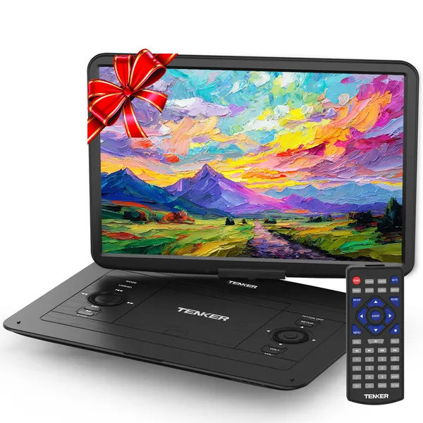 17.9" Portable DVD Player 15.6" HD Swivel Screen 6 Hours 5000mAh Rechargeable Battery Remote Control Dual Speaker TENKER