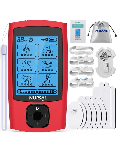 24 Modes TENS Unit Muscle Stimulator, Red Color, Rechargeable Electronic Pulse Massager With 8 Pads For Back And Shoulder Pain Relief And Muscle Strength