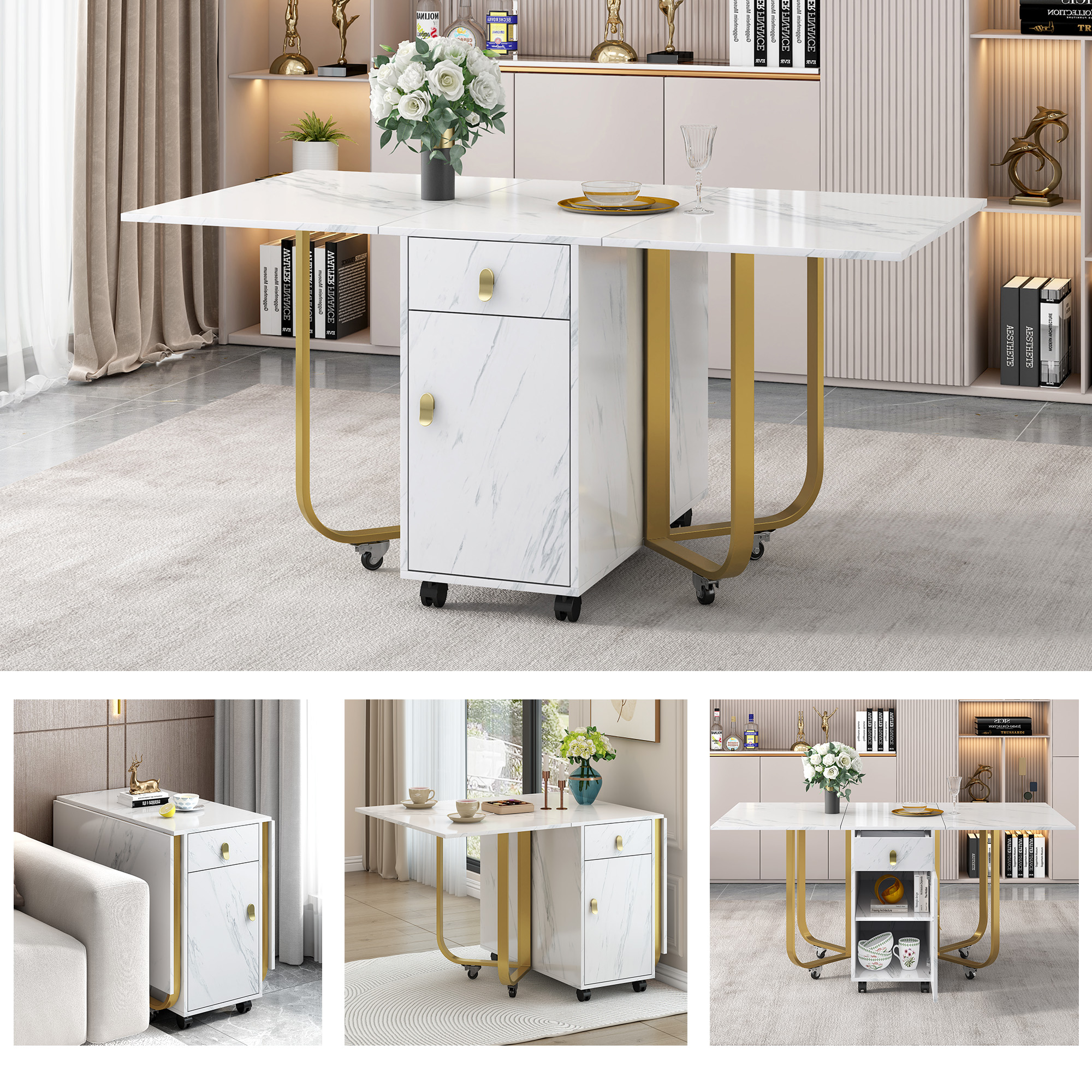 Folding Dining Table 1 Piece With Cupboard And 2 Drawers, Folding Kitchen Utility Table, Space-saving Dining Table With 4 Supporting Legs On Gliders White Gold