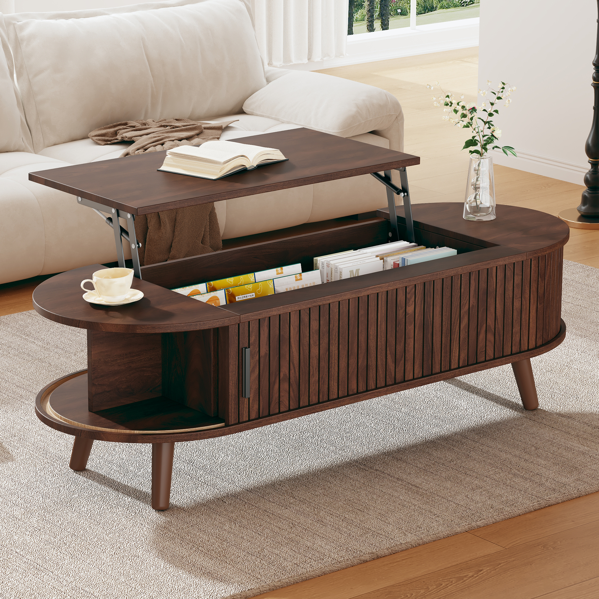 Lift Up Oval Coffee Table With Hidden Storage, Centre Table, Lifting Sofa Side Table, Space-saving End Table For Living Room Bedroom, Reception, Tea Table, 120 X 50 X 39.5cm, Dark Wood
