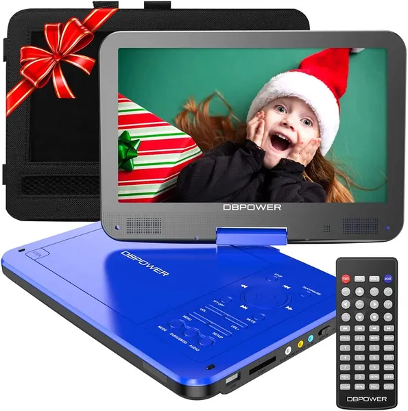 12" Portable DVD Player With 5-Hour Rechargeable Battery, 10" Swivel Display Screen, SD / USB Port, With 1.8 Meter Car Charger, Power Adaptor And Car Headrest Mount, Region Free- Blue