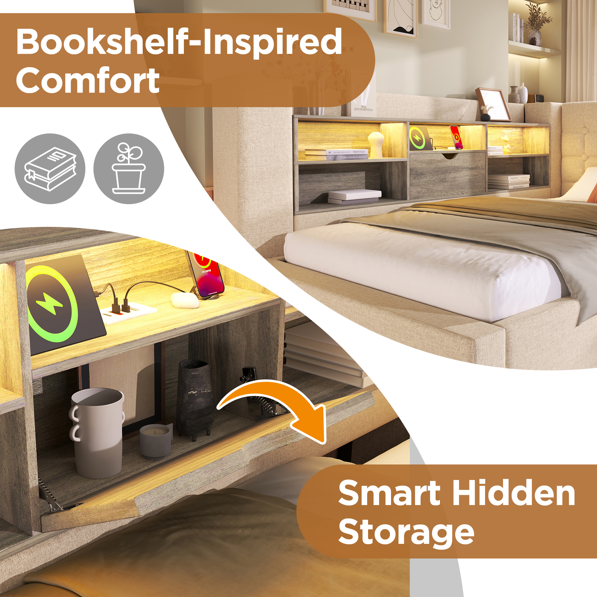 Daybed Upholstered Bed 90 X 190 Cm, 3FT Single Sofa Bed With Storage, USB &Type C Charging Station, Pull Out Trundle For Living Room And Bedroom, Linen, Beige No Mattress