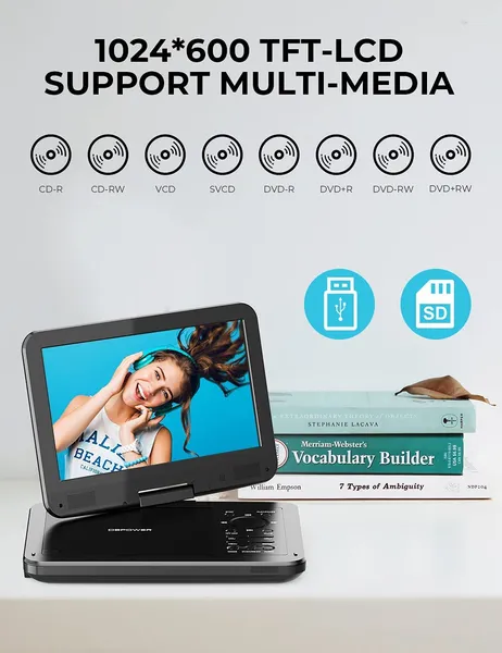 12" Portable DVD Player With 5-Hour Rechargeable Battery;  10" Swivel Display Screen And SD/ USB Port;  With 1.8m Car Charger;  Power Adaptor And Car Headrest Mount;  Region Free (Black)