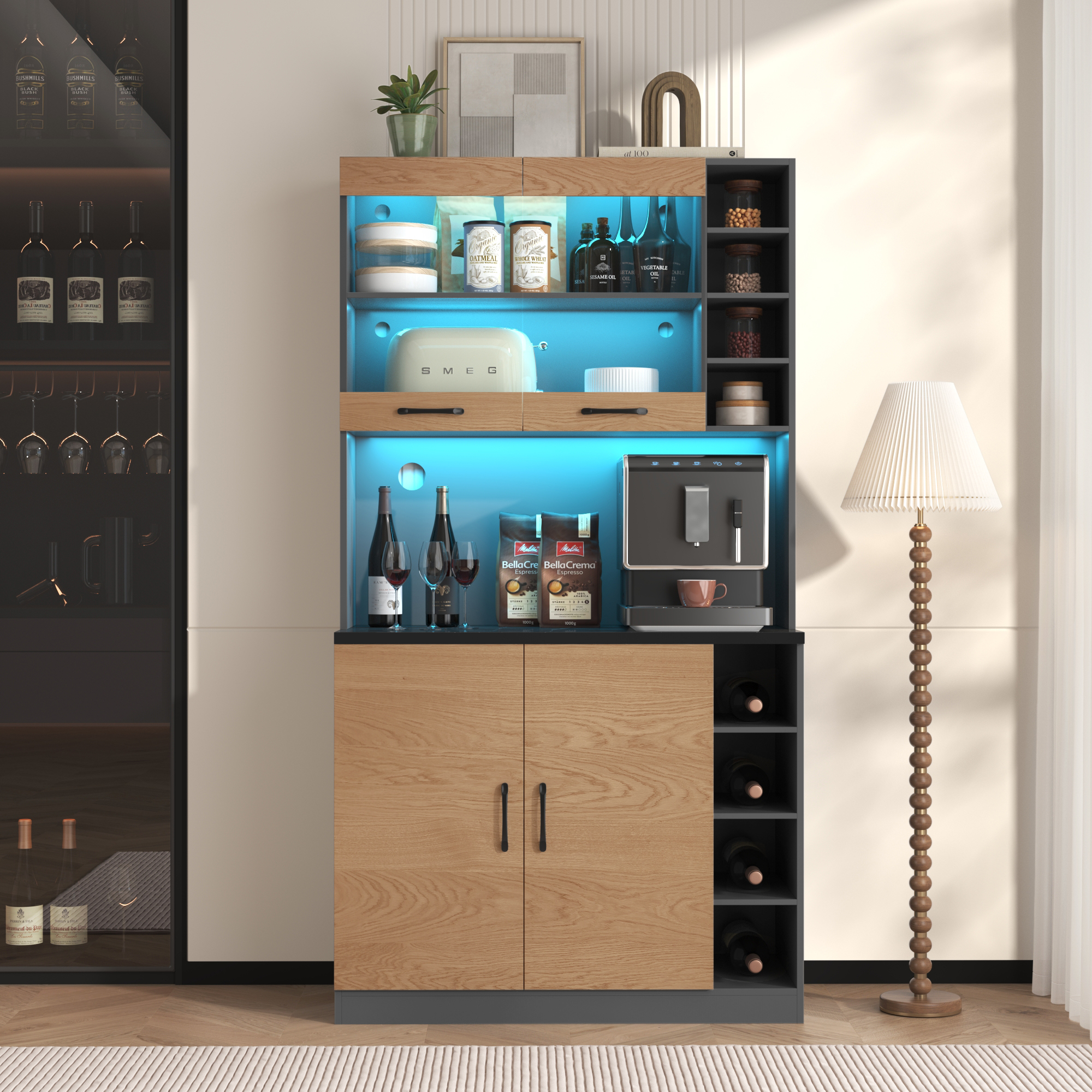Kitchen Tall Cabinet, Pantry With LED Ambient Lighting, Wooden Kitchen Cupboard, Large Space For Microwave, Freestanding, Height-adjustable Side Storage Shelves