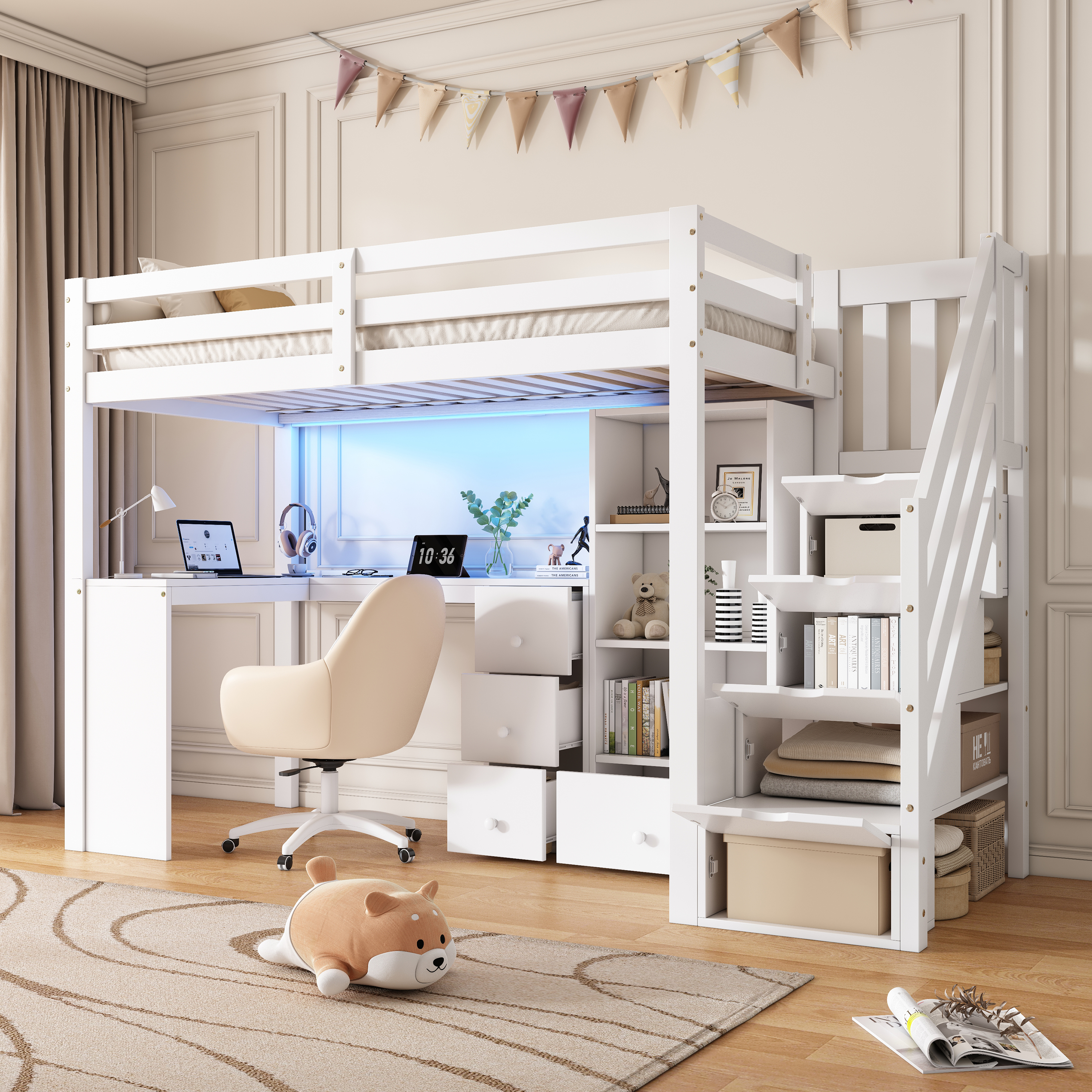 3ft Single Loft Bed With L-Shaped Desk & Storage Stairs, Wooden Frame Smart RGB — image 2