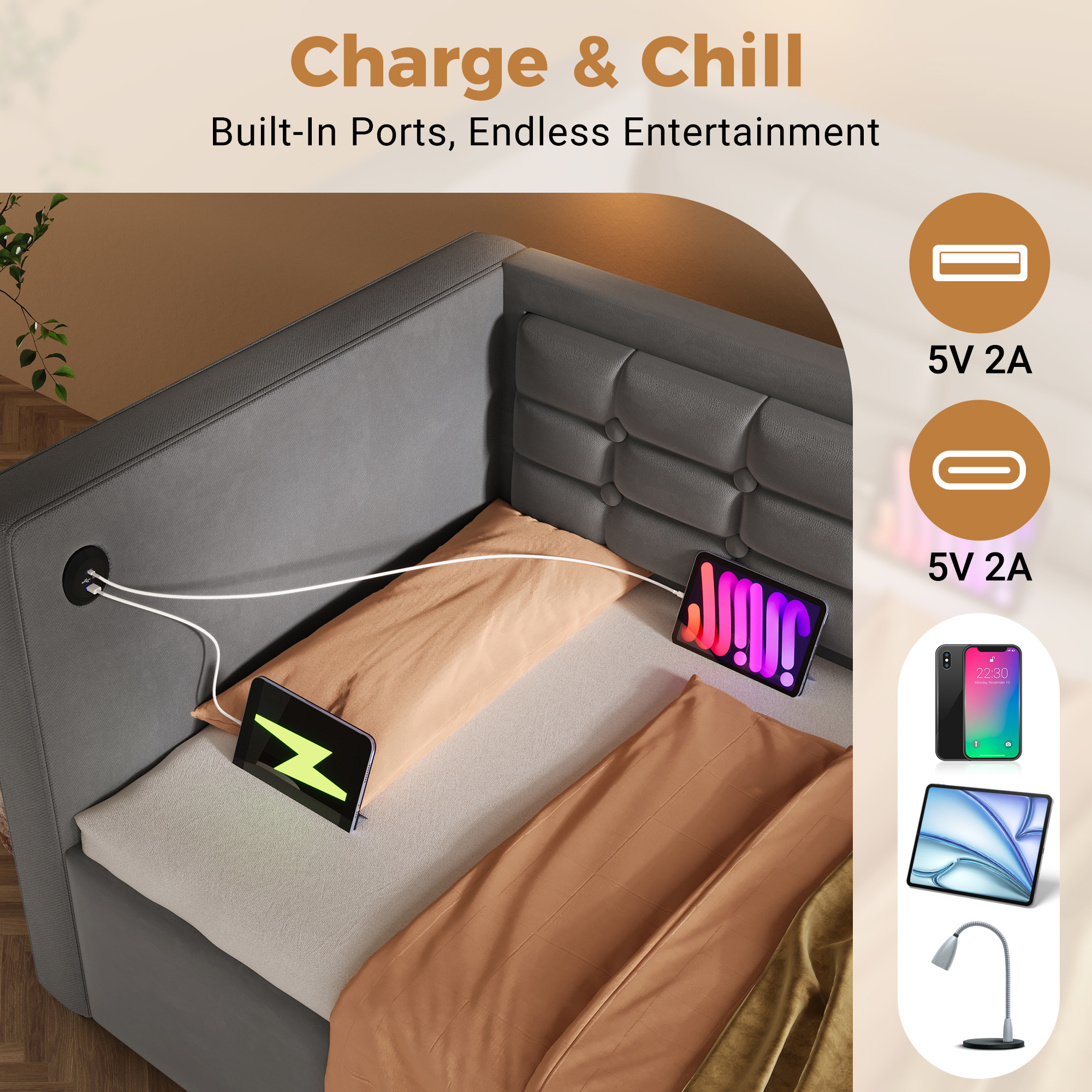 Daybed Upholstered Bed 90 X 190 Cm, 3FT Single Sofa Bed With USB &Type-C Charging Station,  Hydraulic Storage Bed For Living Room And Bedroom, Velvet, Grey No Mattress