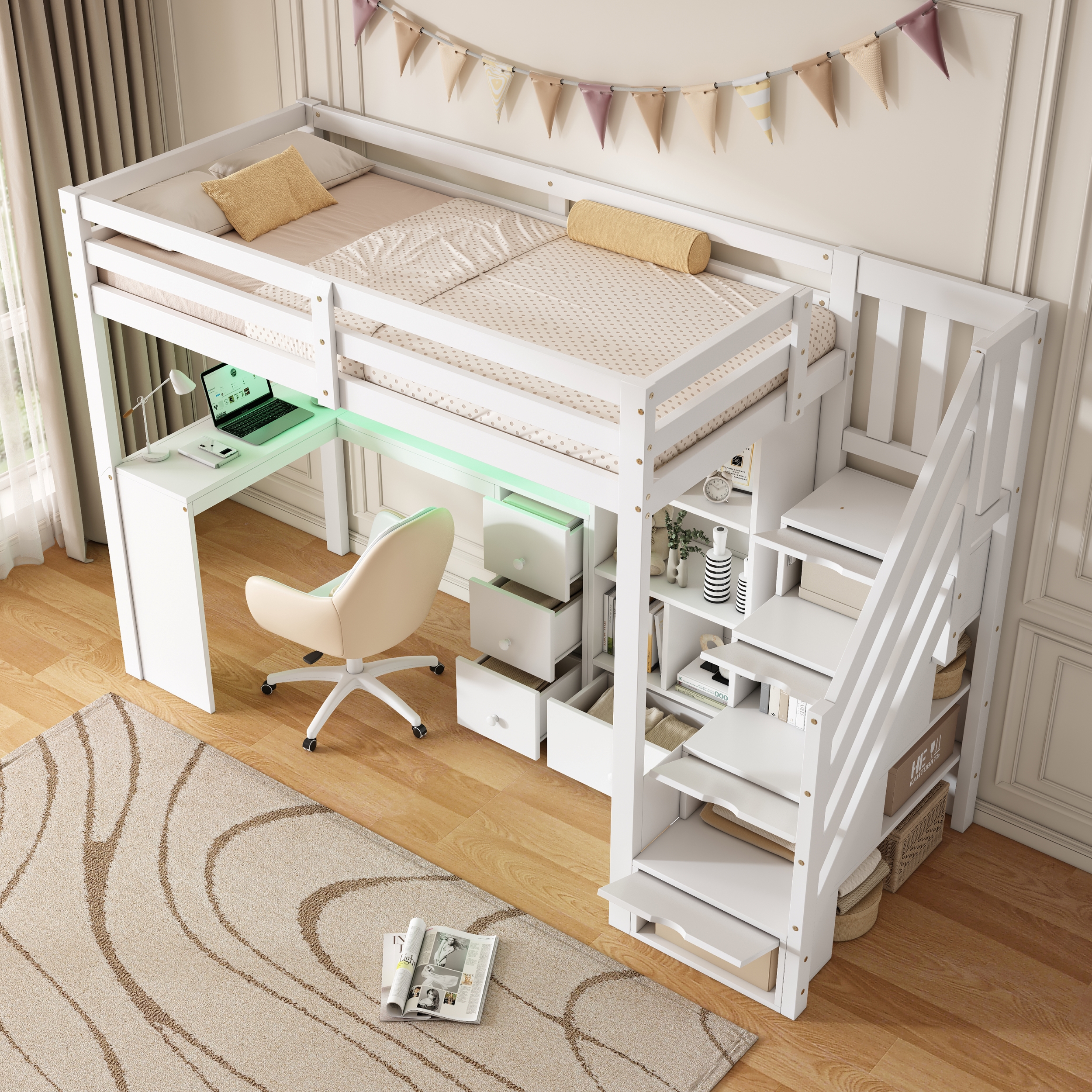 3ft Single Loft Bed With L-Shaped Desk & Storage Stairs, Wooden Frame Smart RGB — image 5