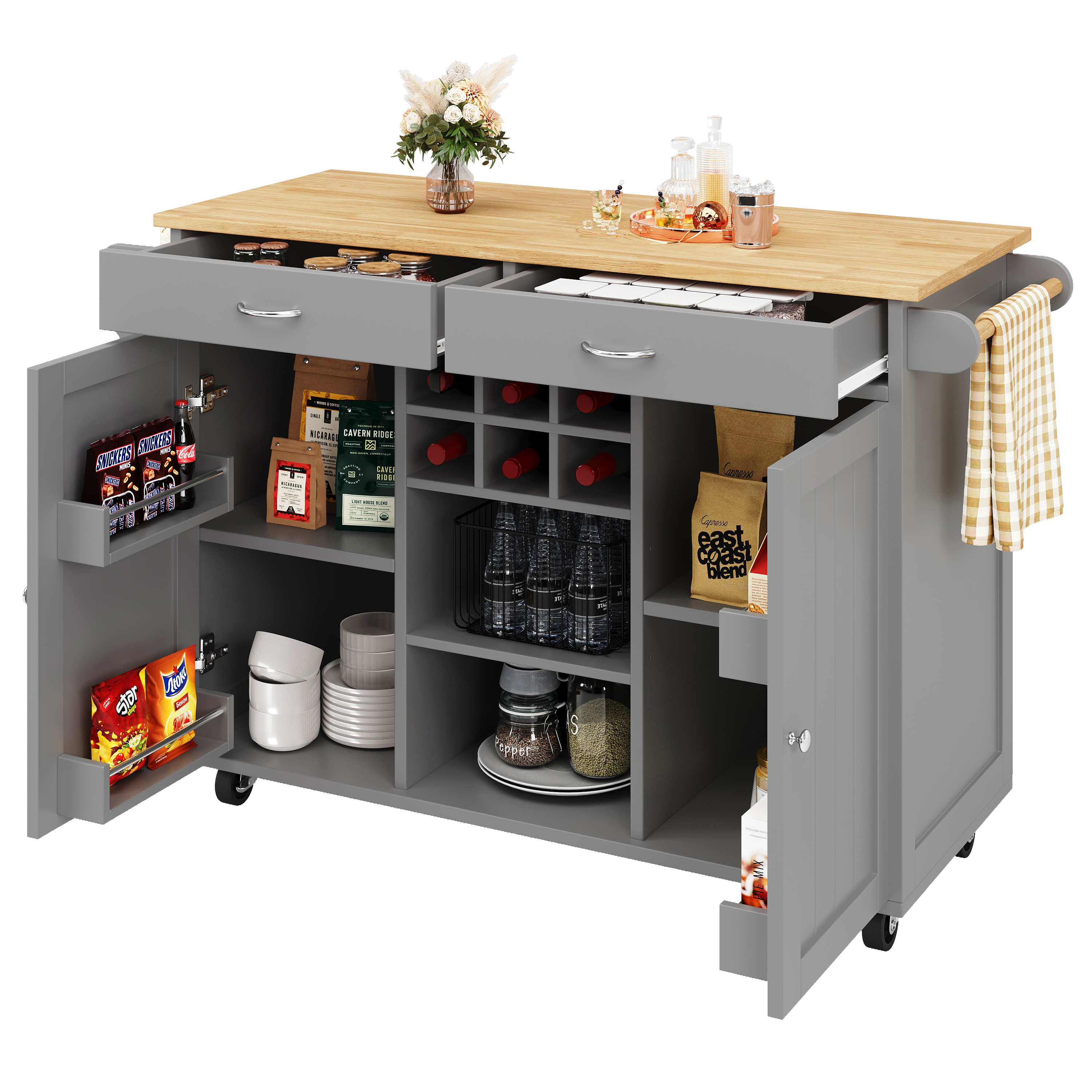 Modern Kitchen Island 102x45x92cm, Kitchen Cabinet, Sideboard, Serving Cart With Wood Grain, Sideboard, Multifunctional Dining Table With Storage, Gray