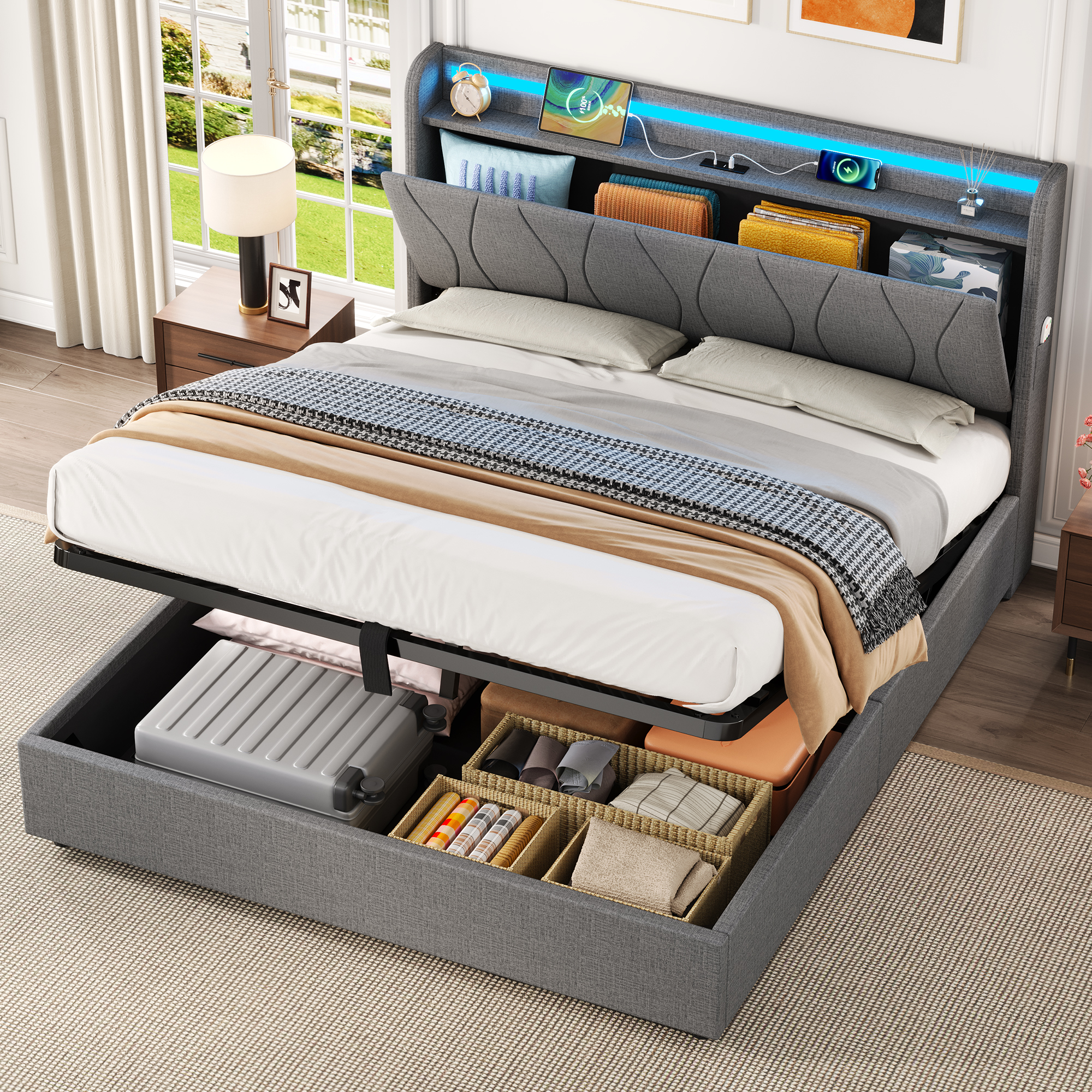 4ft6 Double Upholstered Bed Frame With Hydraulic Storage, LED Headboard With Charging Station And Concealed Headboard Storage, USB And Type - C Ports, Linen, No Box Spring Needed, Grey No Mattress