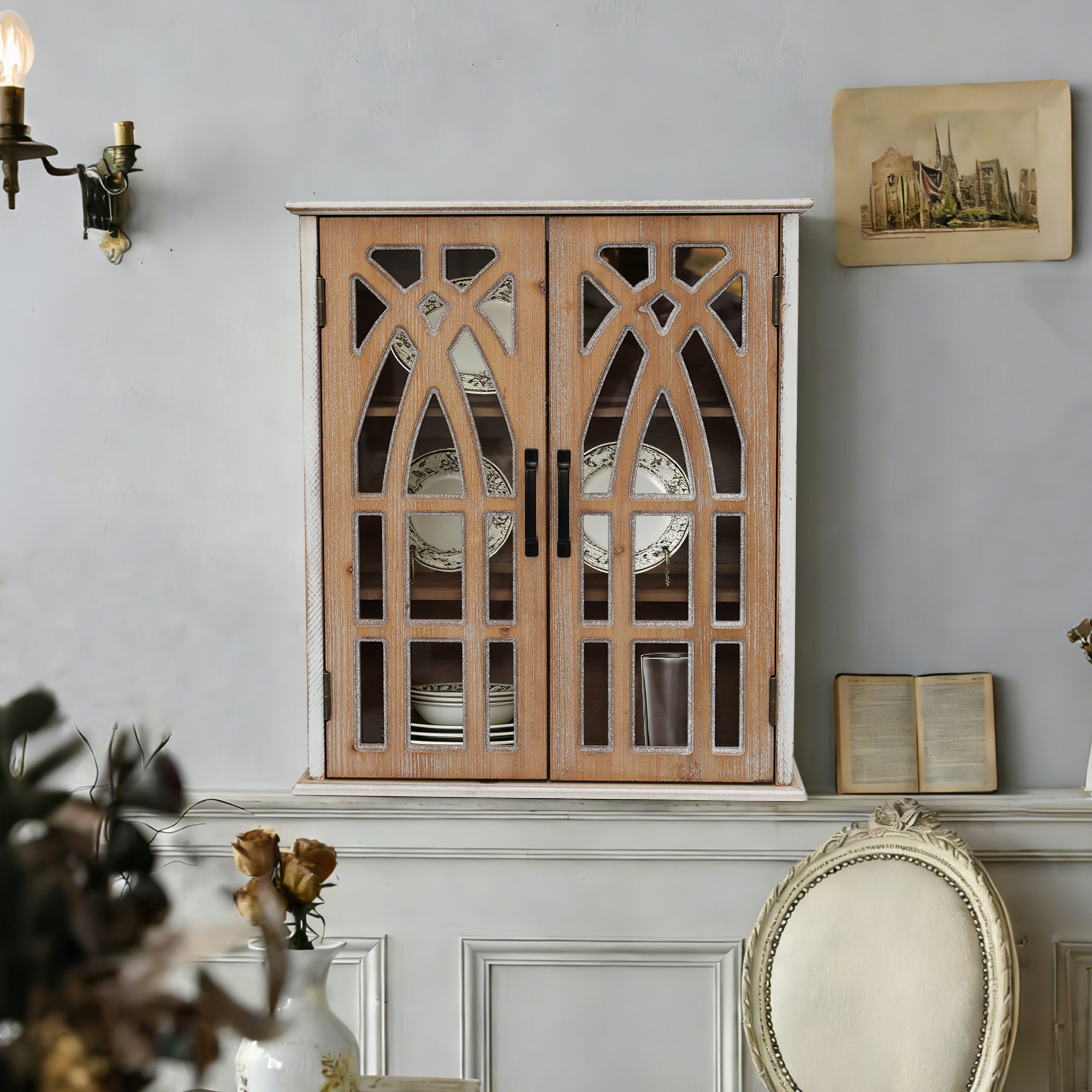 Vintage Wall-Mounted Cabinet With Decorative Cutout Doors, Rustic Wooden Hanging Storage Cabinet For Bathroom, Living Room, Bedroom, Farmhouse Style Natural Wood And Antique White