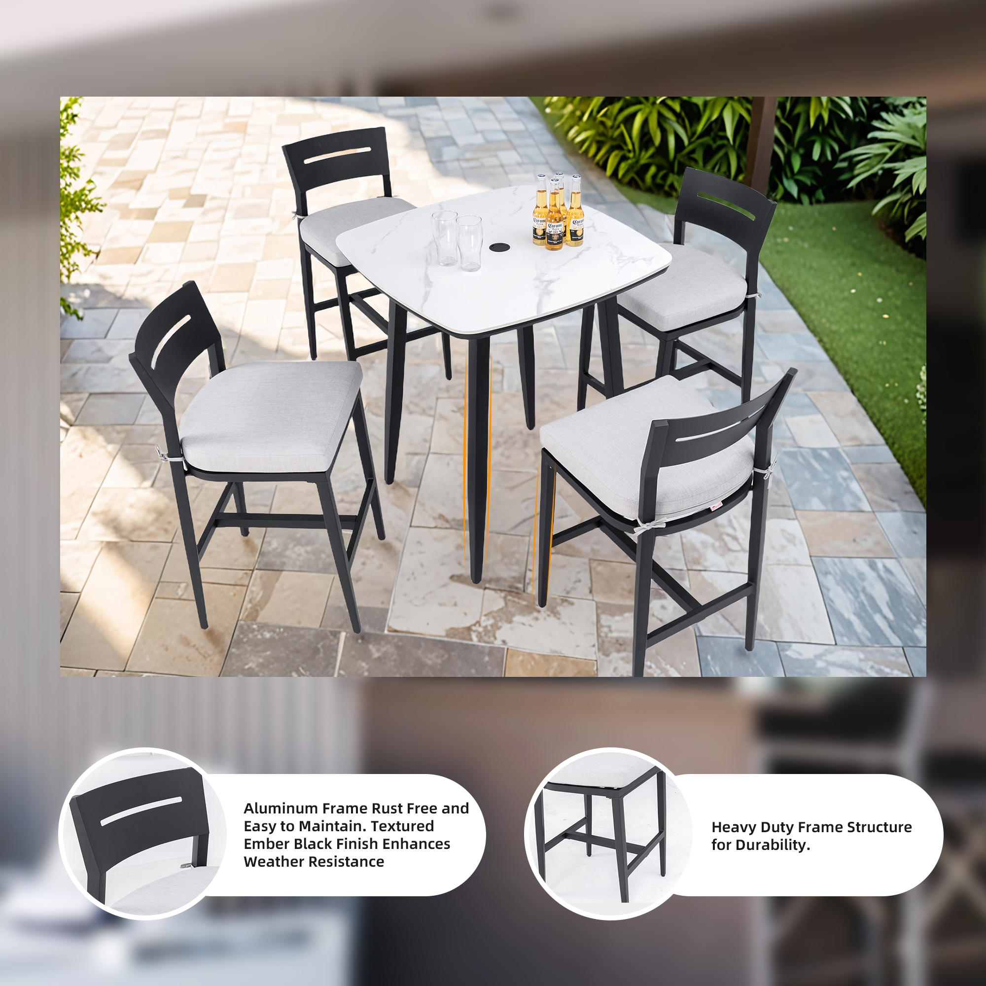 Modern Outdoor 2PC Bar Stools, Aluminum Patio Bar Chair With Ergonomic Backrest, Tapered Legs, Footrest, Ember Black, Sunbrella Cushion, Weather-Resistant, For Garden, Poolside, And Kitchen Island