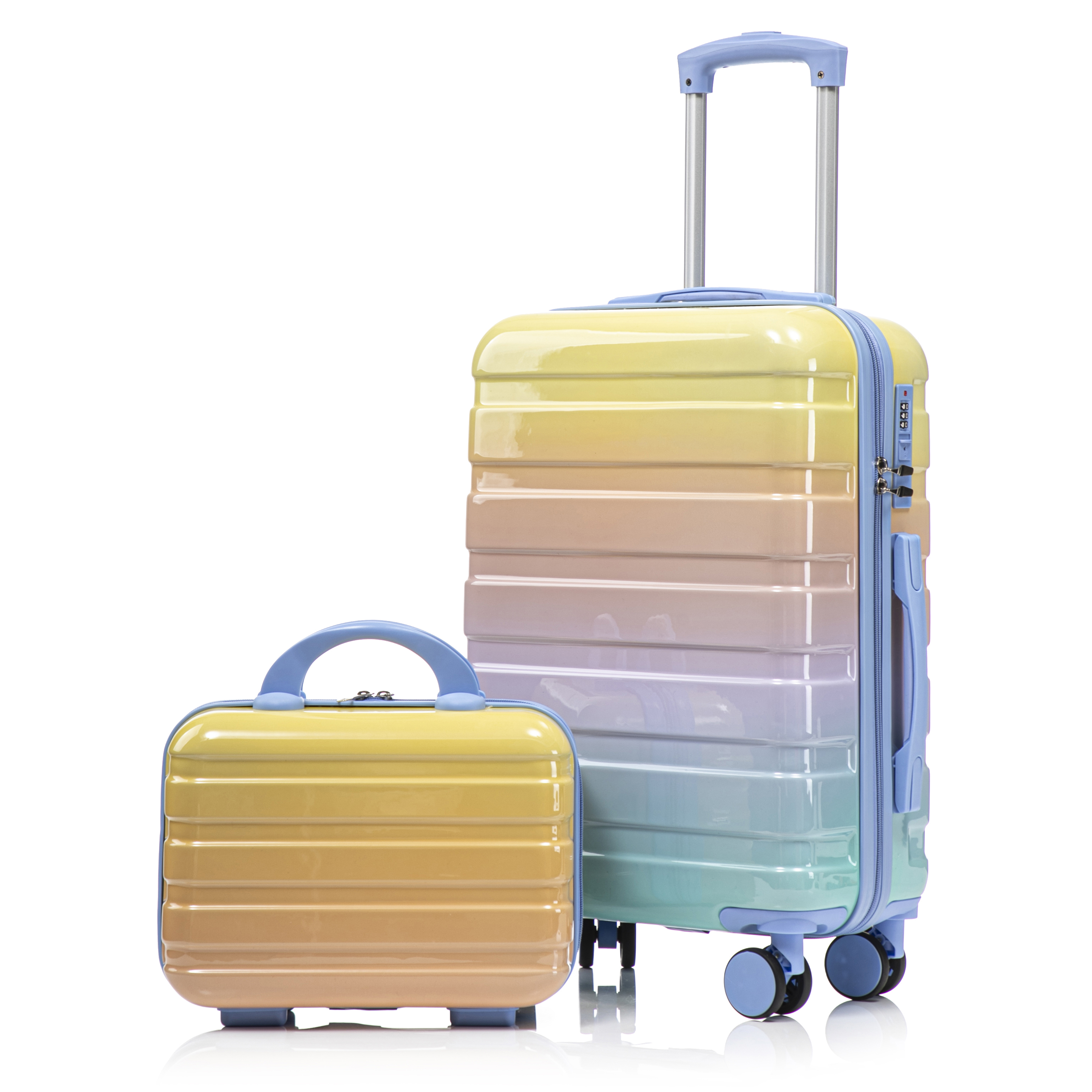 14-20 2 Pcs-set In PC Spinner Wheel Luggage, Carry On Suitcase, With Gradient Color And Combination Lock Blue-Yellow