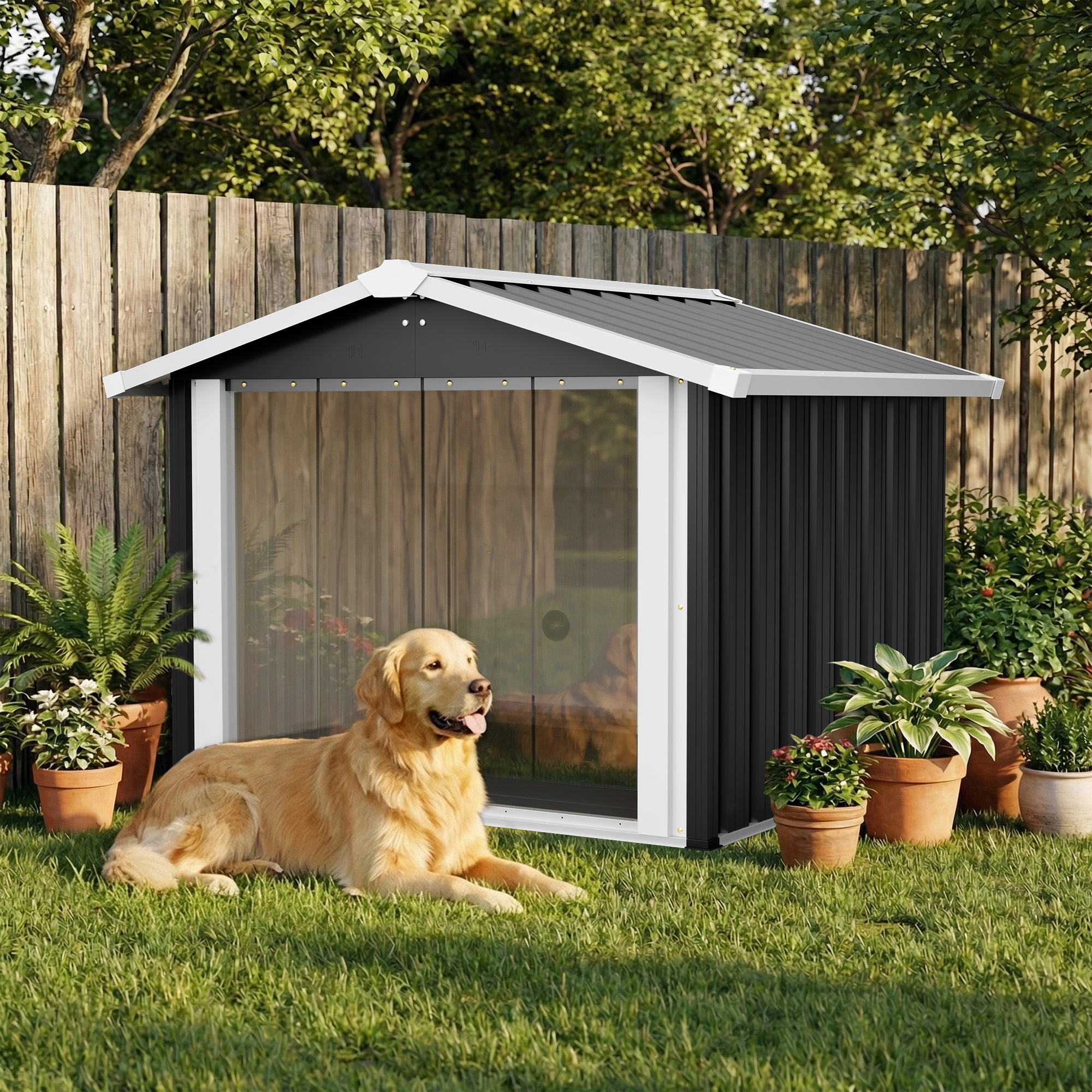 2-in-1 Metal Dog House With Storage Shed