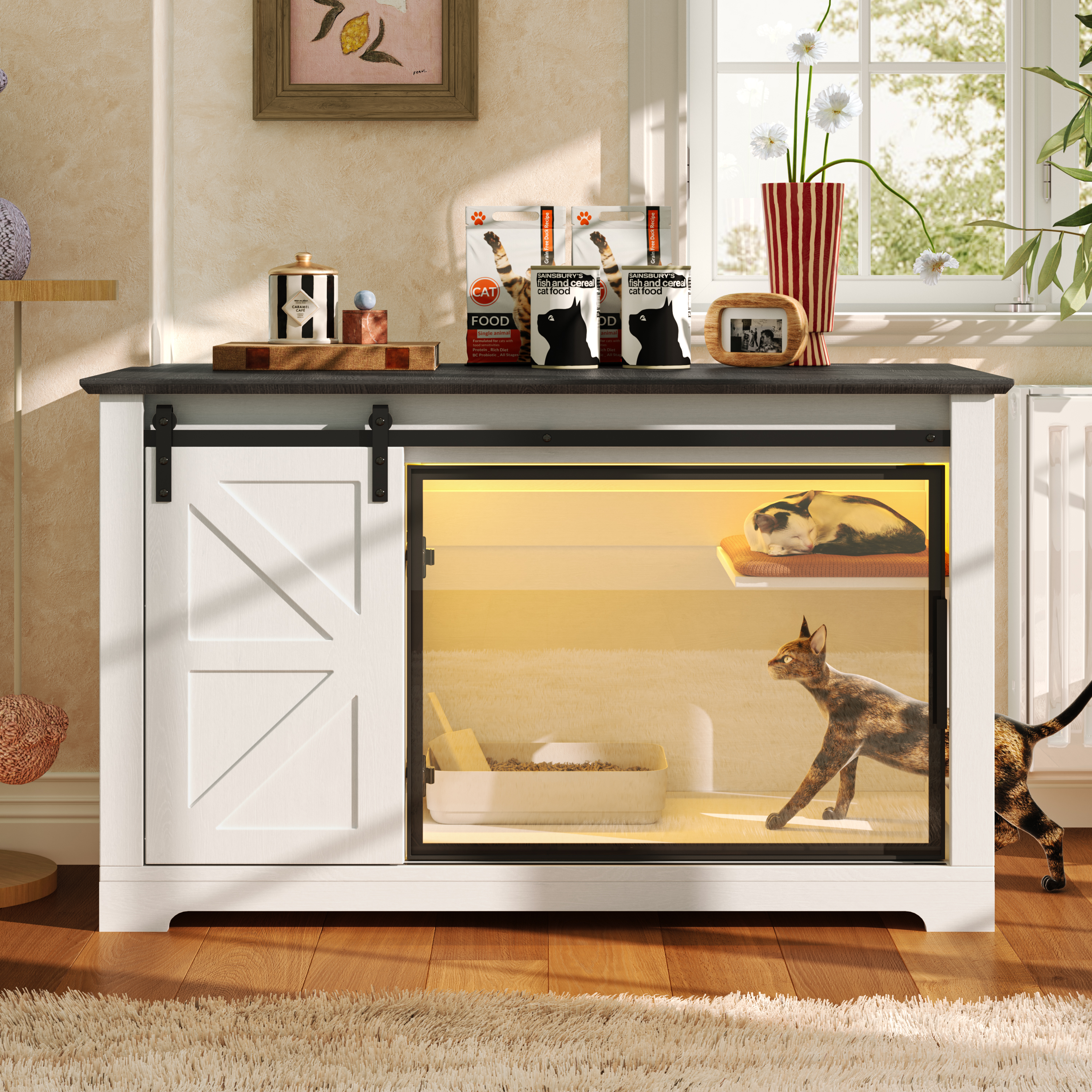 46 Farmhouse Cat Litter Box Enclosure With Sliding Barn Door, White Large Hidden Acrylic Door Cat Cabienet With LED Light, Cat Washroom Furniture With Storage Cabinet, Cat House Nightstand,White