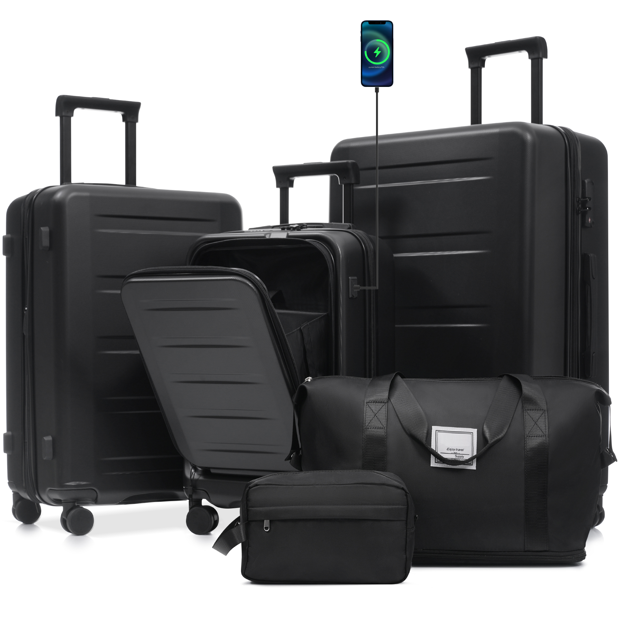 Luggage Sets 5 Piece With Front Opening, Hardside Expandable Carry On Suitcase Set With Double Spinner Wheel, Lightweight Travel Luggage With USB Port,TSA Locks 20  24  28