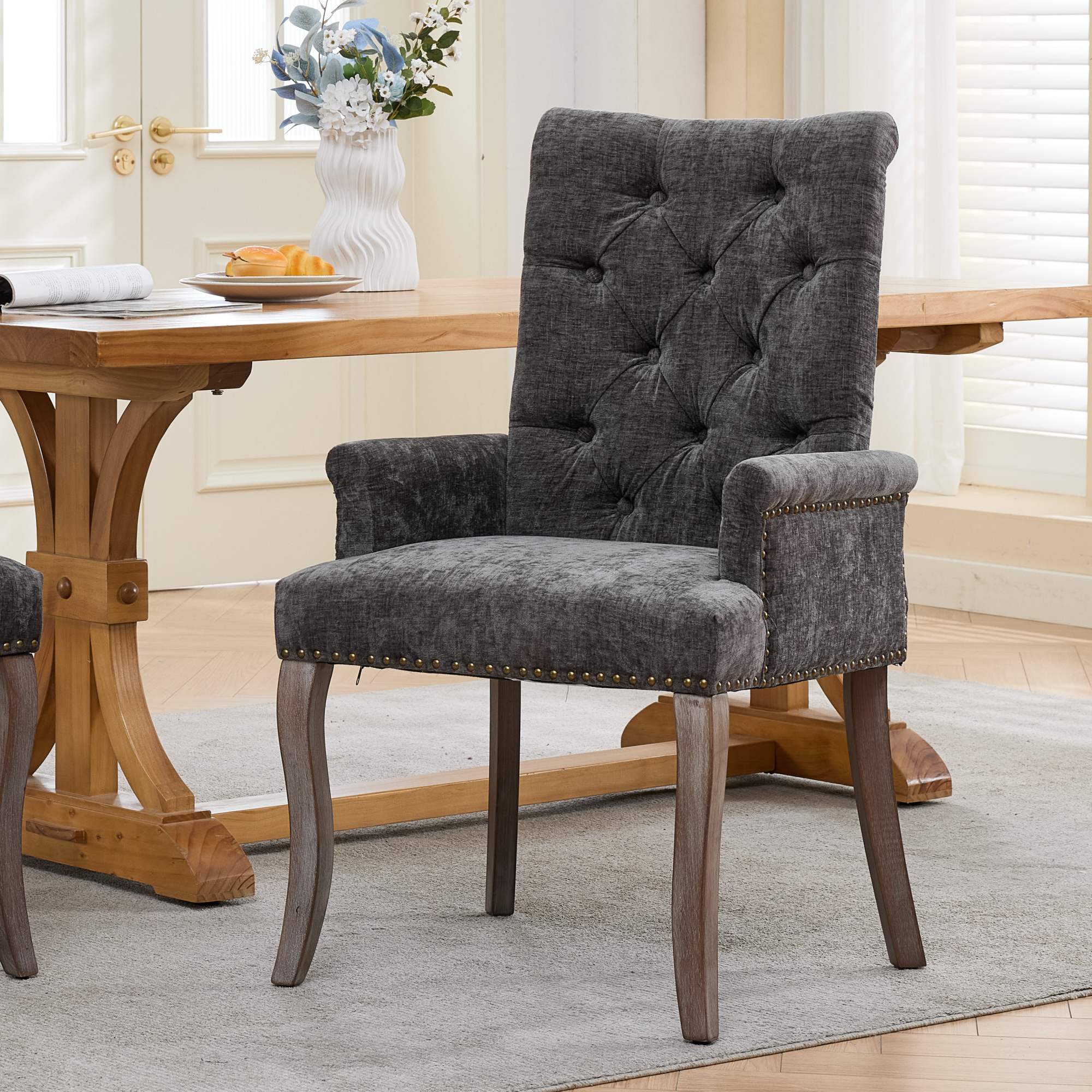 Upholstered Chenille Fabric Accent Dining Chair, Curved Solid Wood Legs, Elegant Tufted Club Dining Room Kitchen Room Arm Dining Chair, Single Pack,Gray,SW1895GY - Image 1
