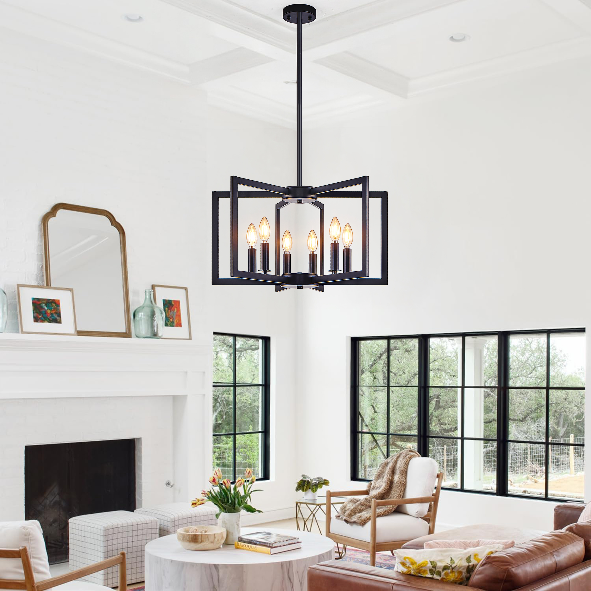 22 Modern Black Geometric 6-Light Chandelier - Industrial Metal Pendant Light Fixture For Living Room, Dining Room, Or Kitchen Bulb Not Included