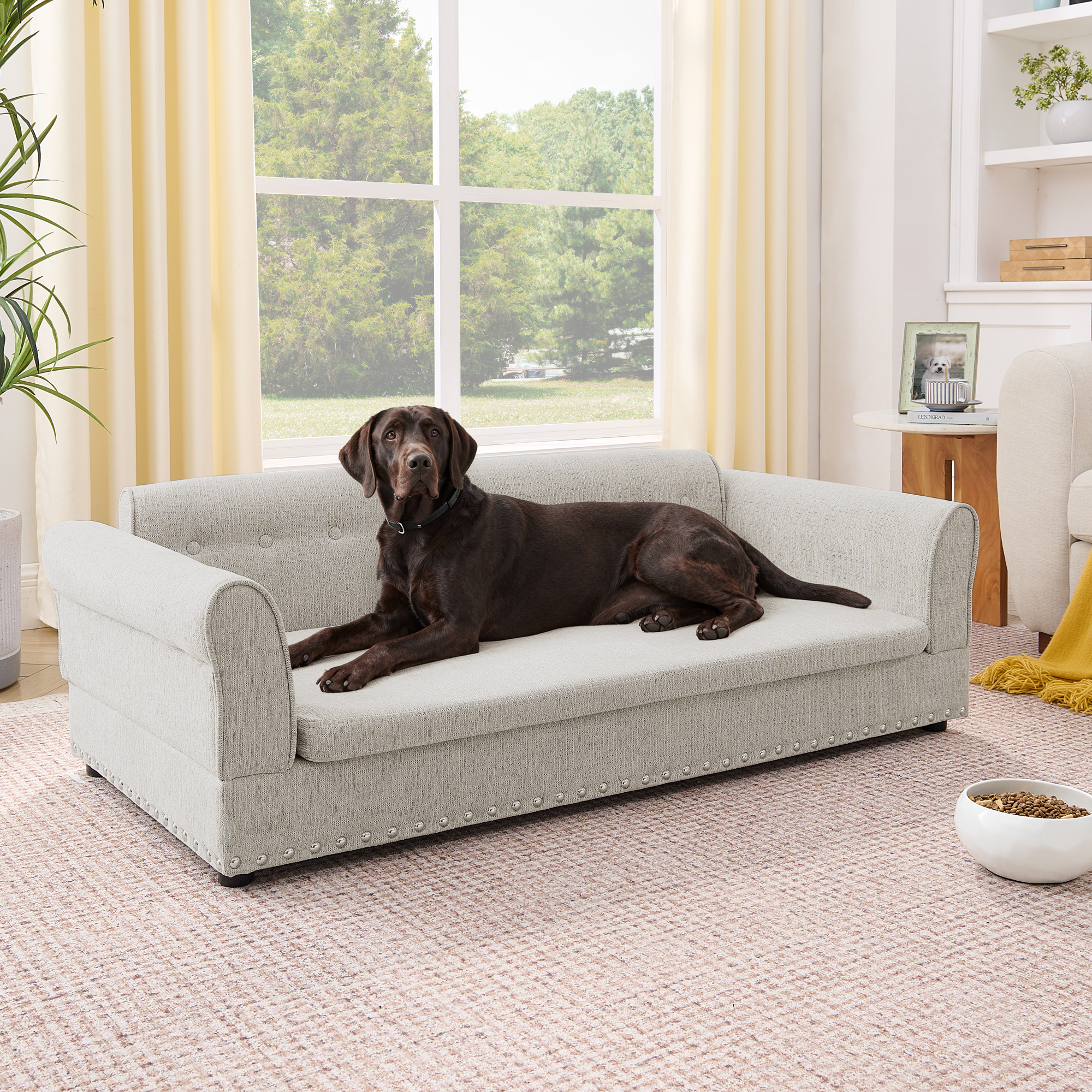 Oversized Pet Sofa ,Elegant Modern Linen Fabric Elevated Dog Sofa Bed, Comfortable Oversized Rectangular Pet Bed With Backrest & Armrest For Large & Oversized Dogs-Beige
