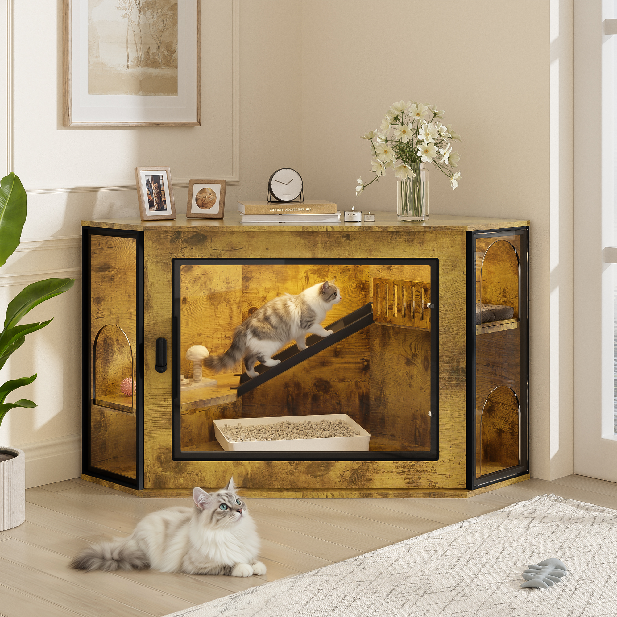 48 Corner Cat Litter Box Enclosure, Modern Hidden Litter Box Corner Cabinet With Acrylic Door And LED Light, Cat House With Playground And Stairs, Tiger