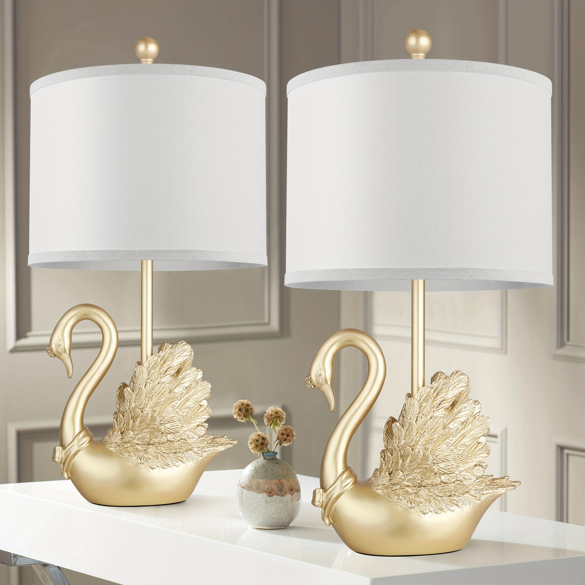 Two-piece Set Of Table Lamps Golden Brass Swan Table Lamps With LED Bulbs. These Modern-designed, Stylish Table Lamps Are A Perfect Fit For The Decor Of Any Contemporary Bedroom Or Living Room, And A
